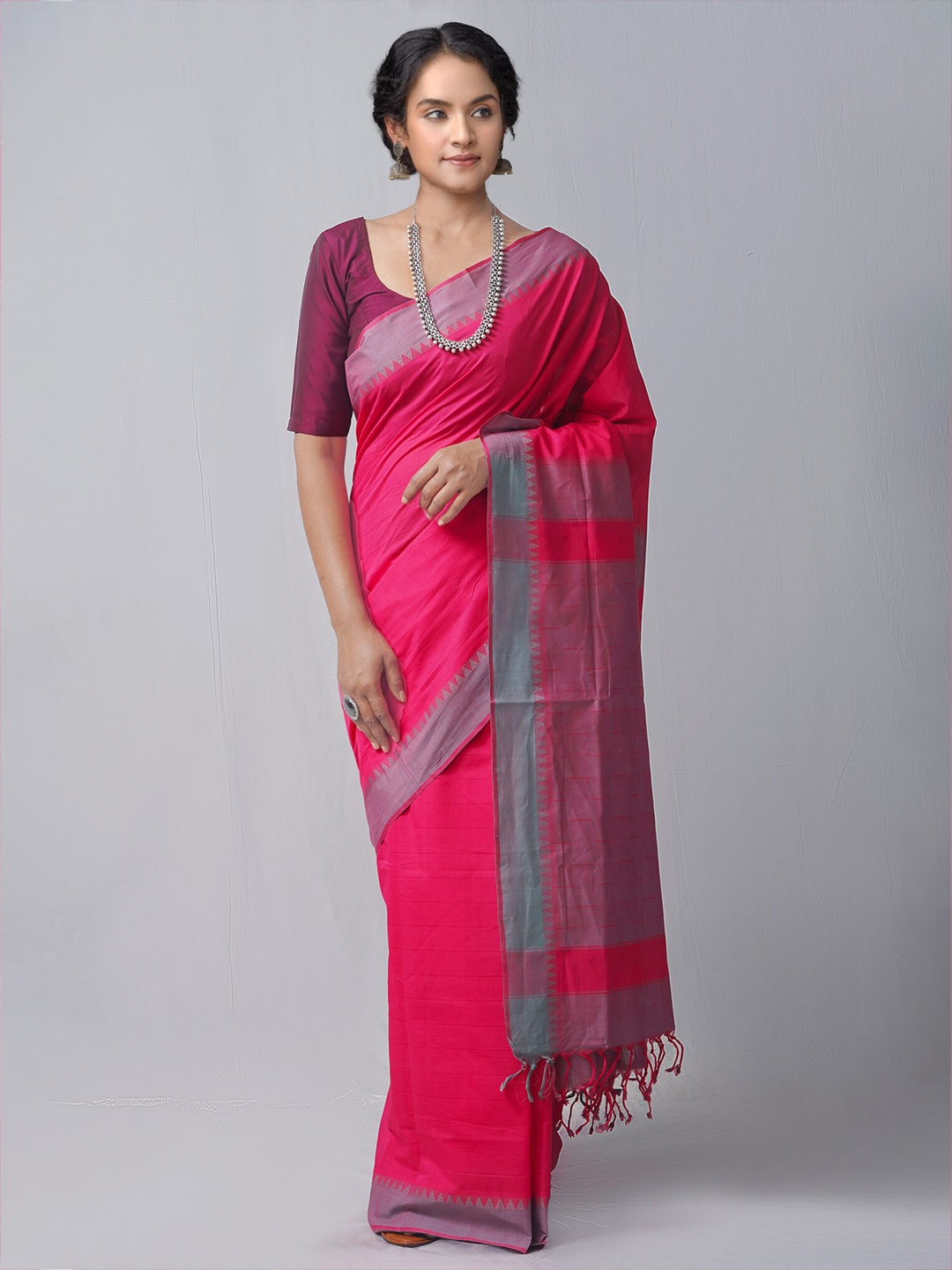 

Unnati Silks Pink & Grey Pure Cotton Kanjeevaram Saree