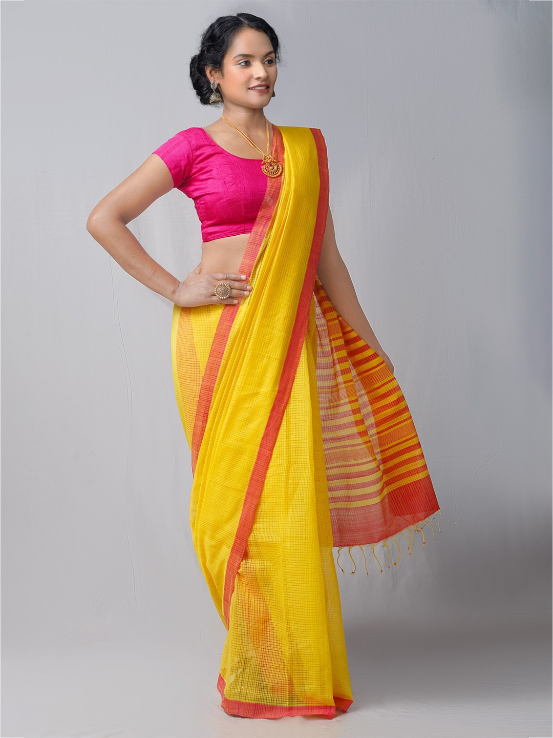 

Unnati Silks Yellow & Pink Woven Design Pure Cotton Mangalagiri Saree