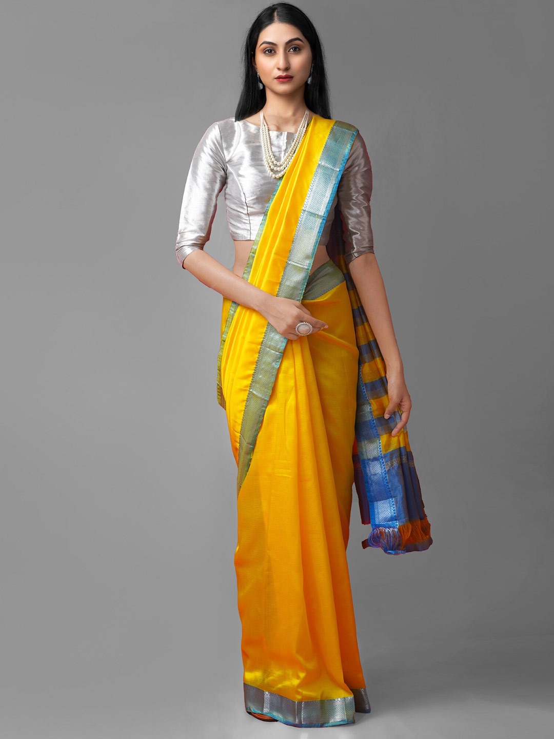 

Unnati Silks Yellow & Blue Woven Design Zari Pure Silk Kanjeevaram Saree