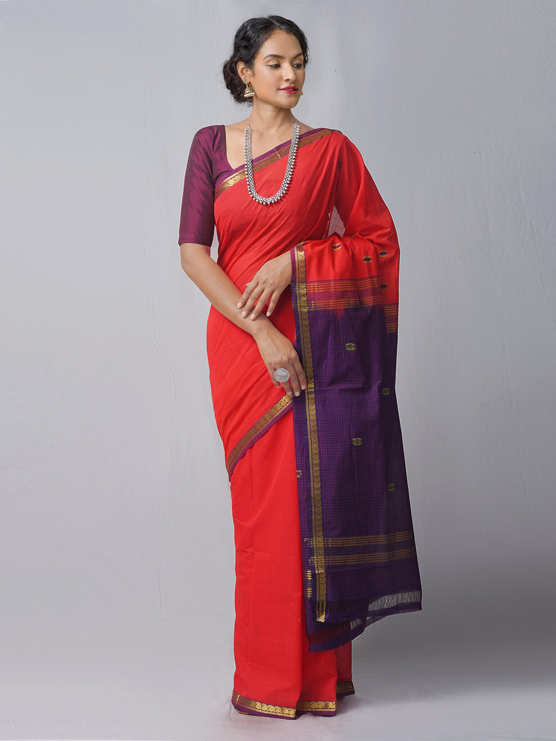 

Unnati Silks Red & Purple Paisley Pure Cotton Chettinad Saree
