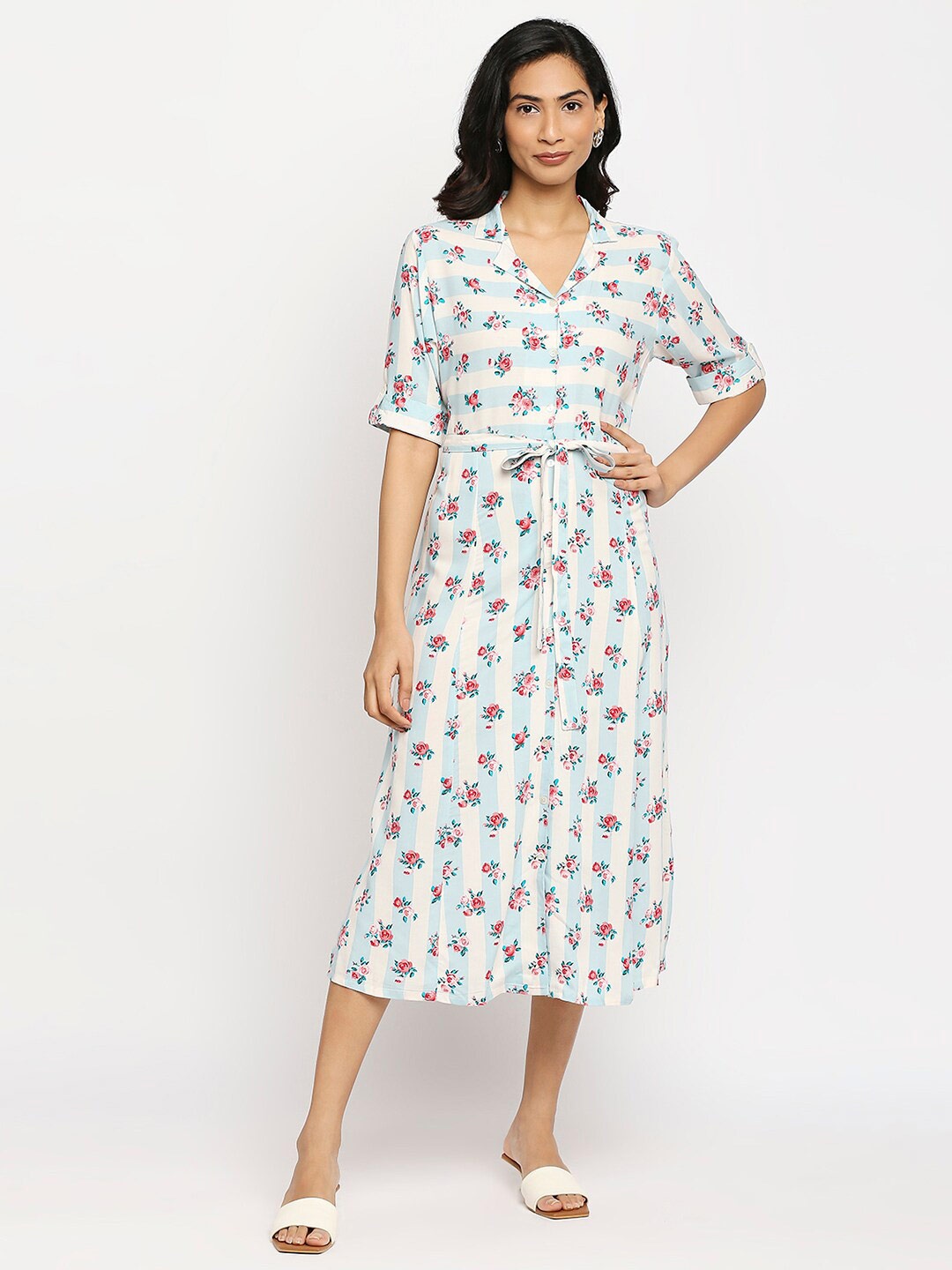 

Ethnicity Blue Floral Ethnic Shirt Midi Dress