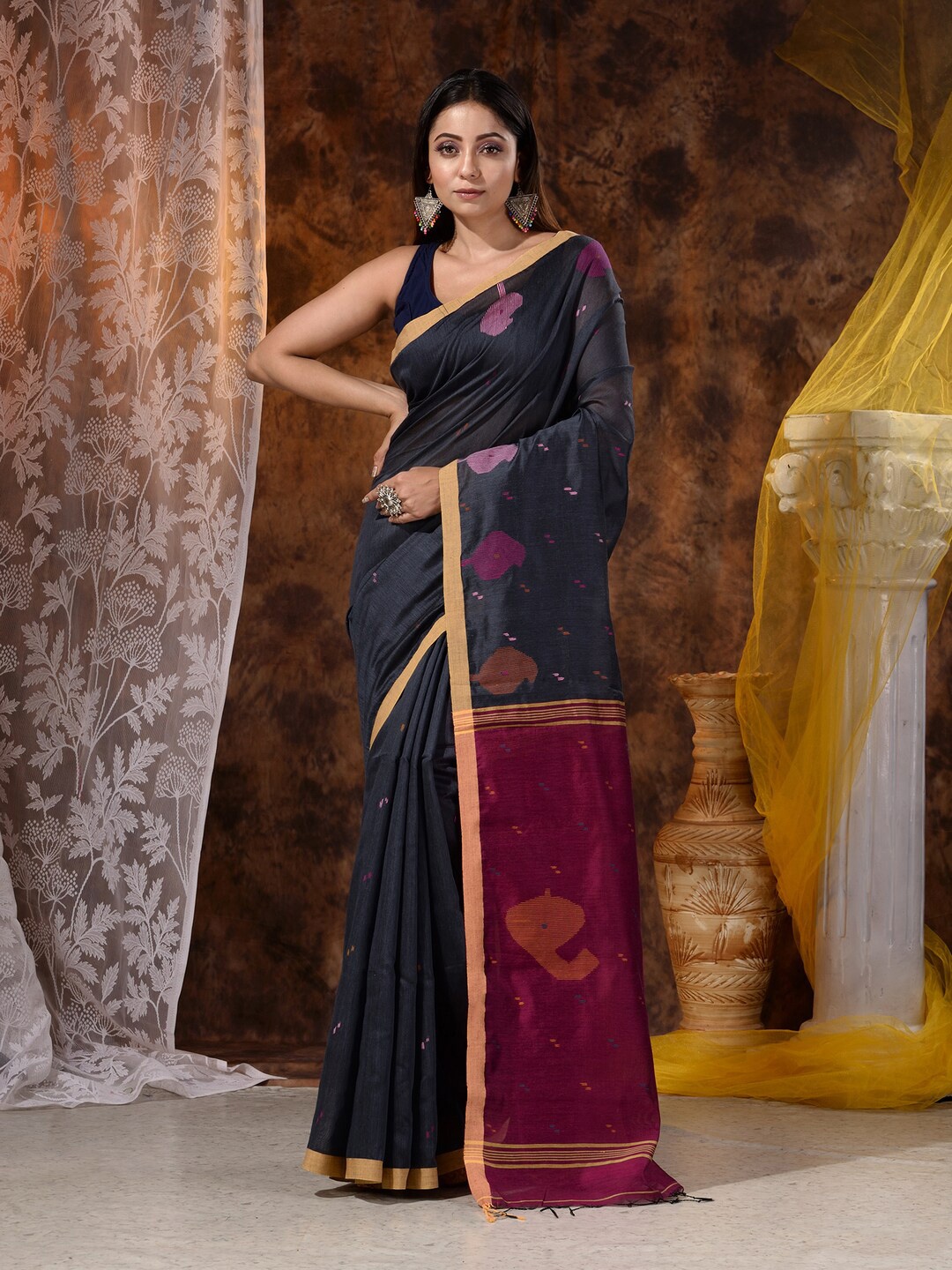 

Mitera Grey & Purple Floral Cotton Saree