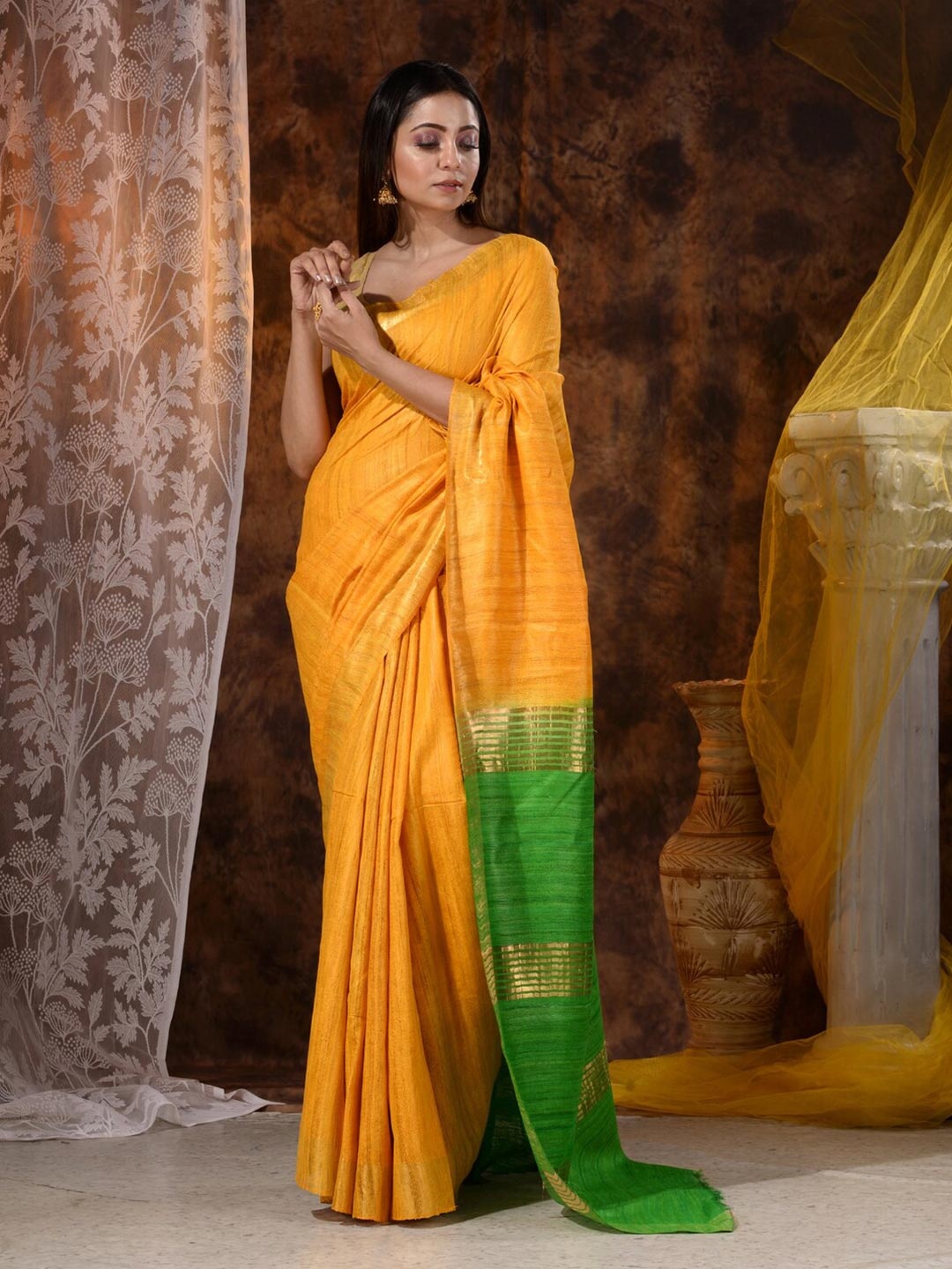 

Mitera Yellow & Green Tye -Dye Zari Silk Blend Saree