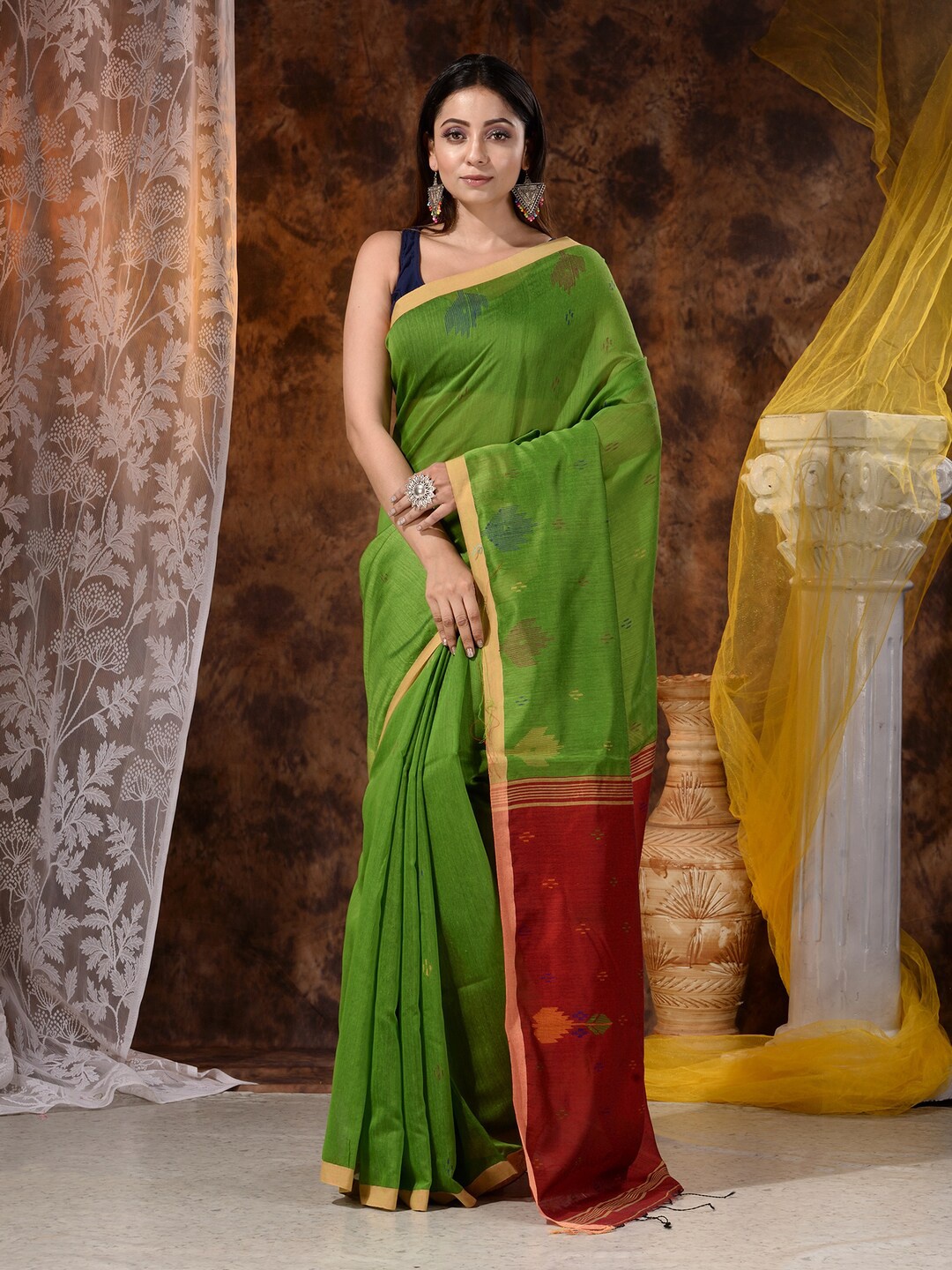 

Mitera Green & Red Dhakai Saree