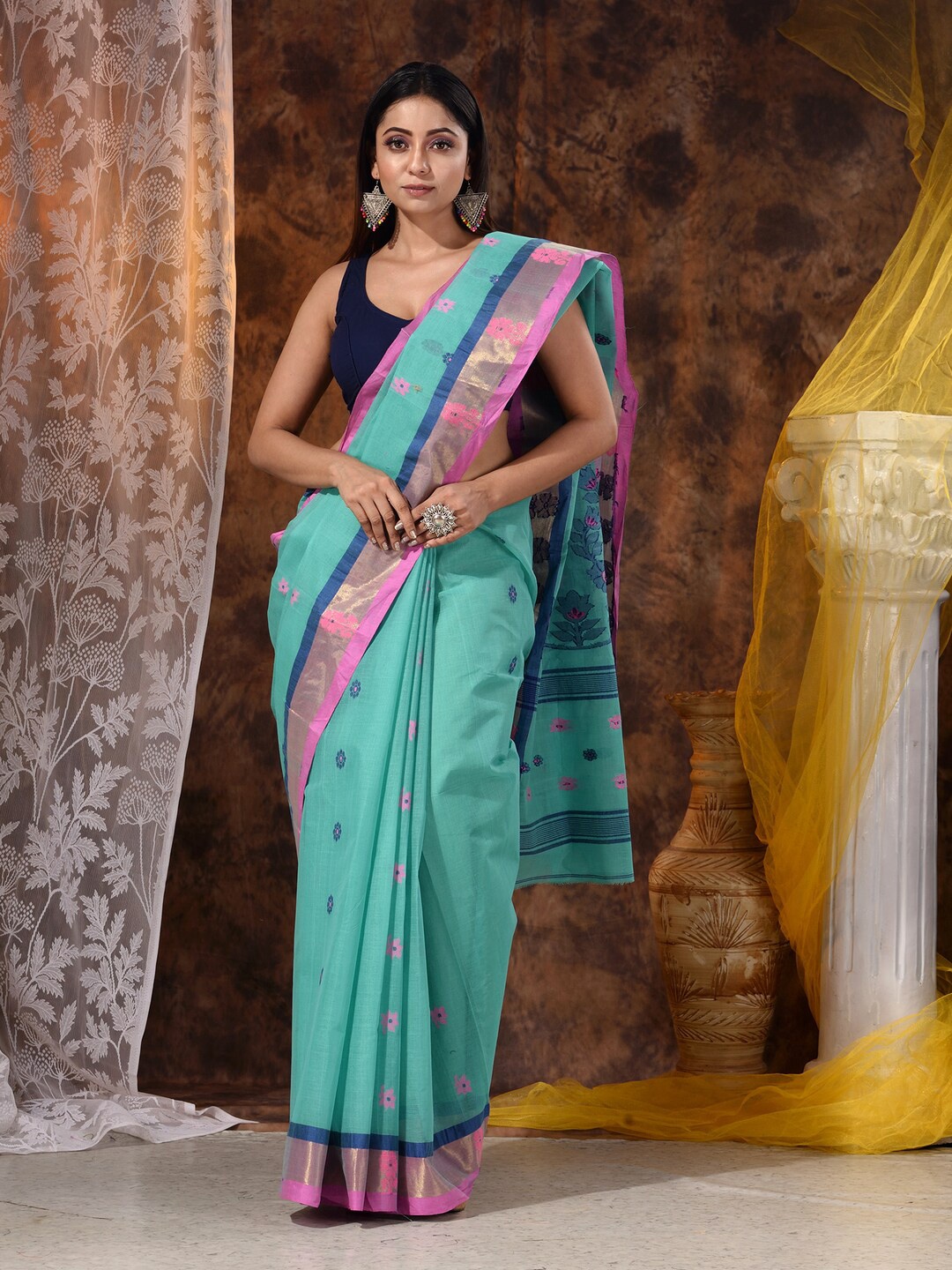 

Mitera Sea Green & Blue Floral Bengal Cotton Saree