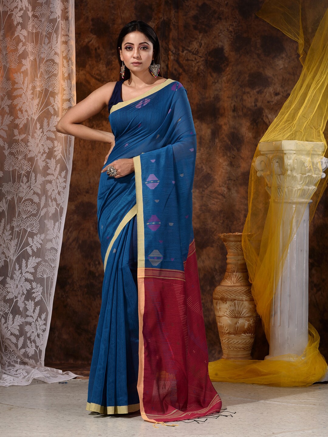 

Mitera Blue & Red Dhakai Bengal Cotton Saree