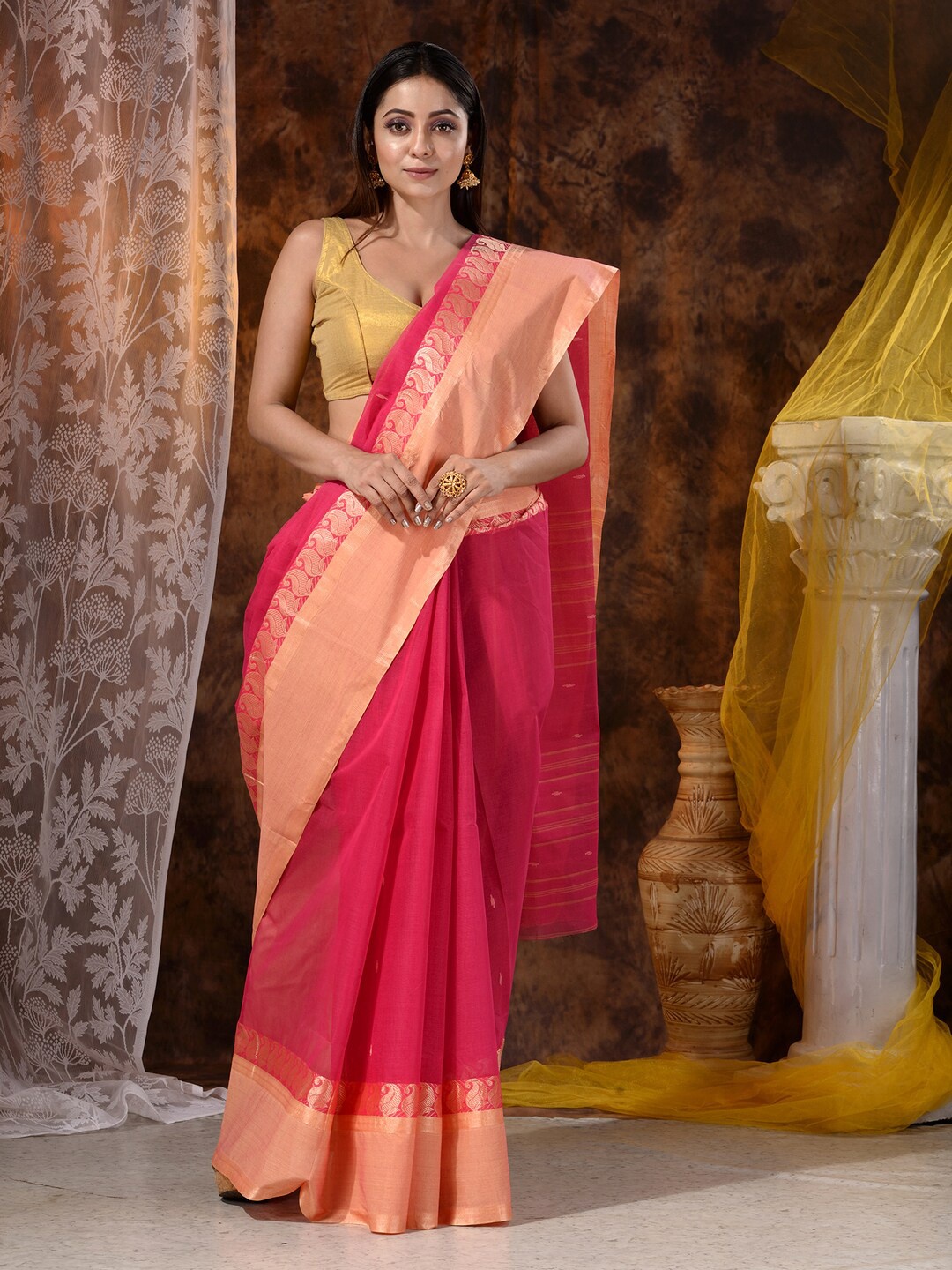 

Mitera Pink & Gold-Toned Ethnic Motifs Pure Cotton Saree