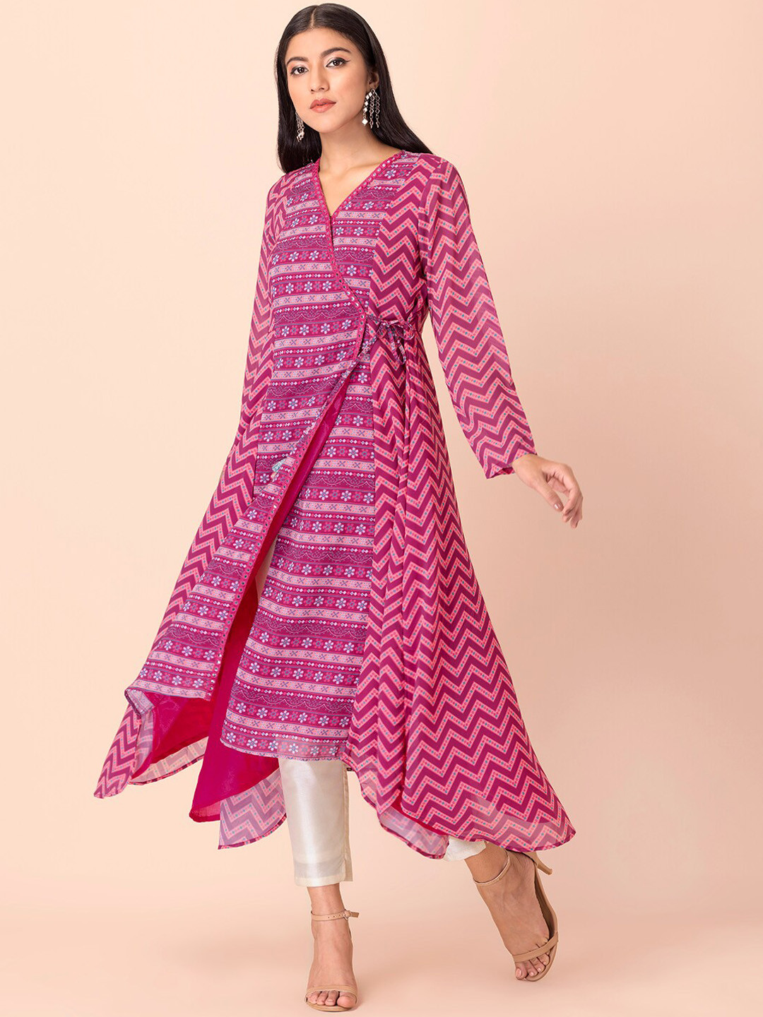 

INDYA Women Pink Chevron Striped Georgette Anarkali Kurta