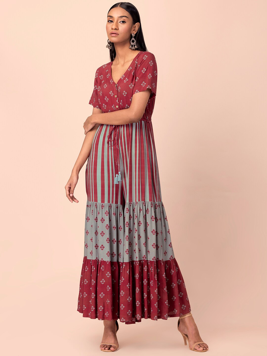 

INDYA Maroon & Grey Printed Basic Jumpsuit