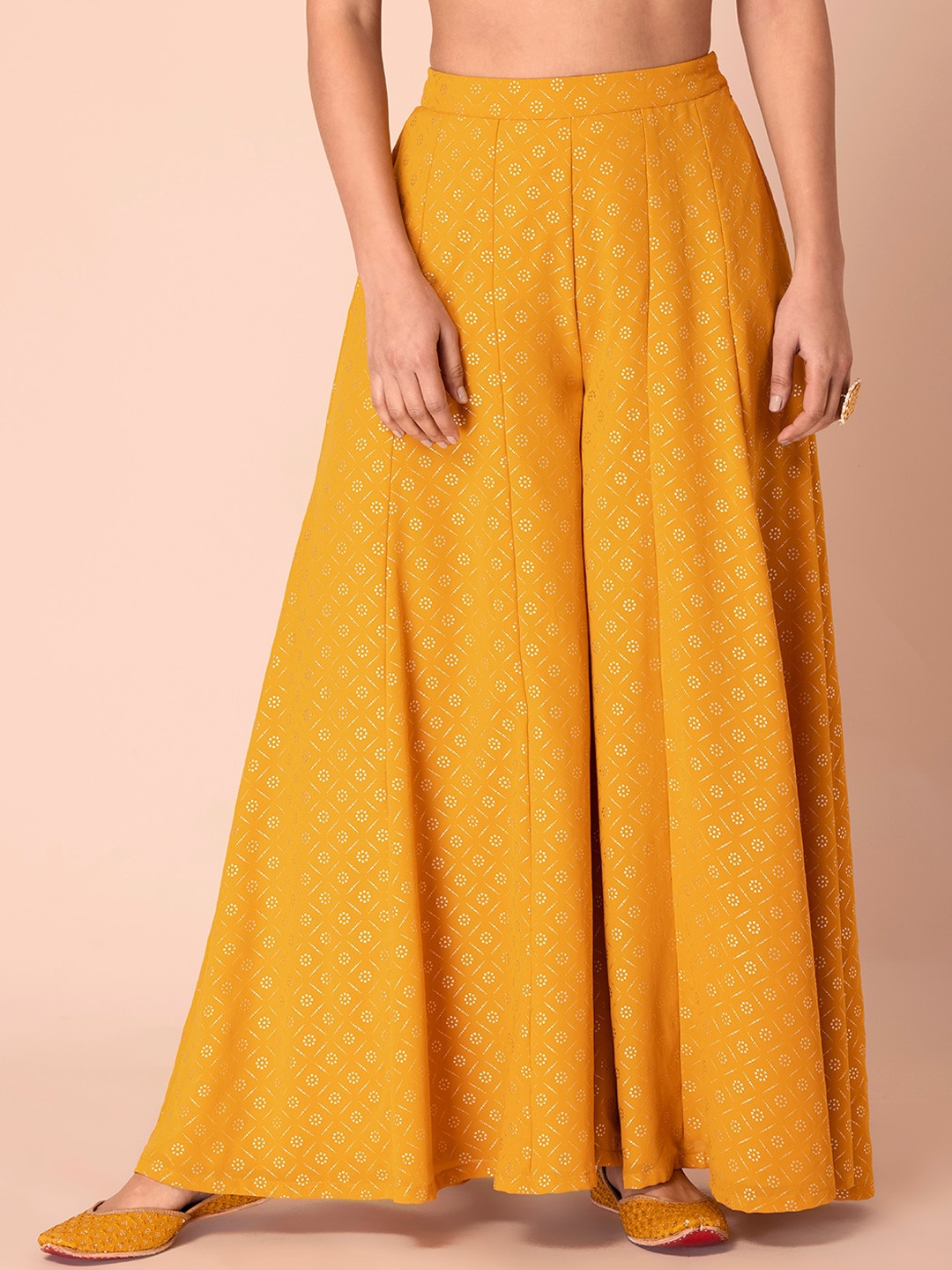 

INDYA Women Yellow Printed Flared Pleated Trousers