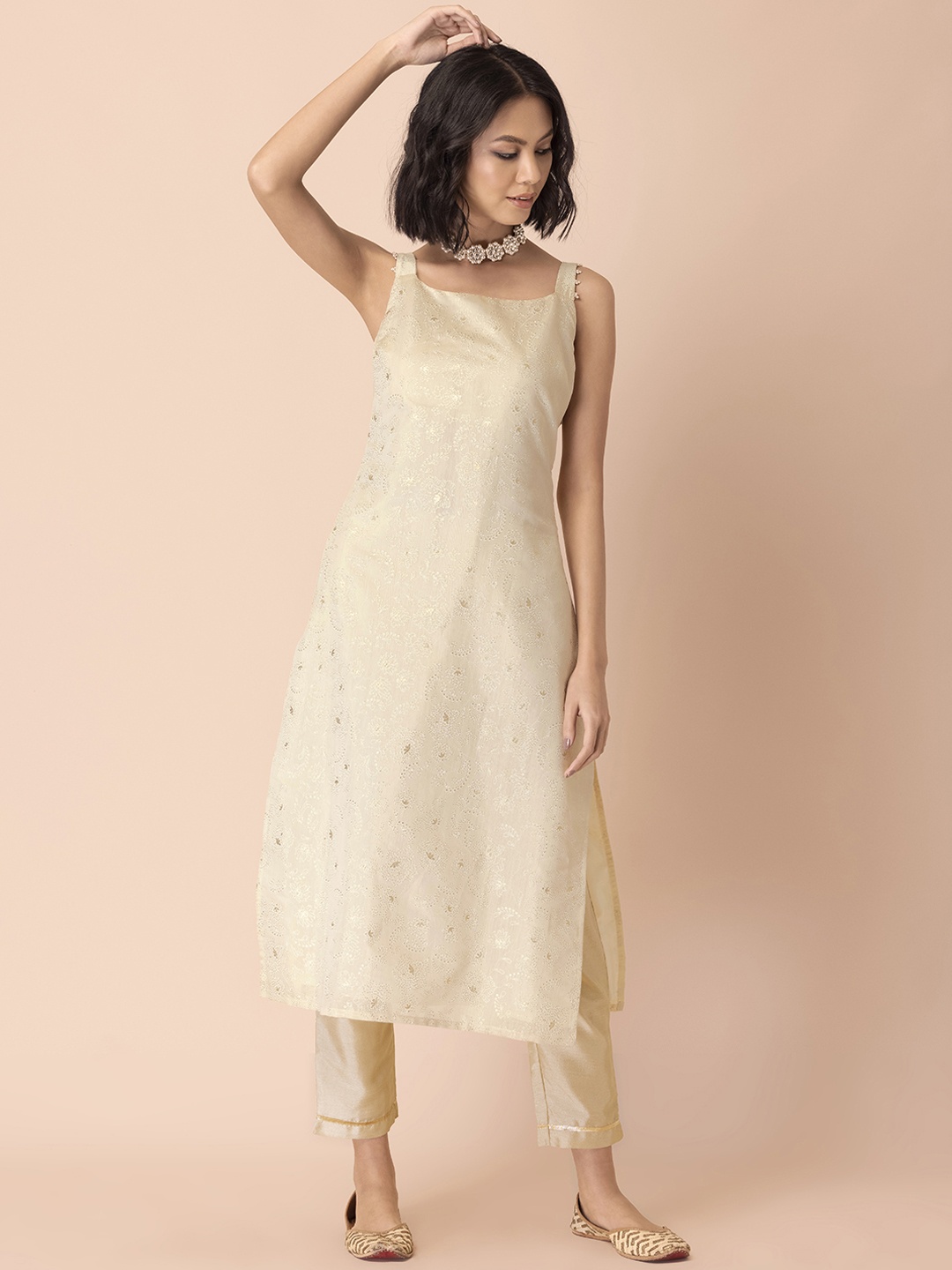 

INDYA Women White & Silver-Toned Embellished Chikankari Kurta