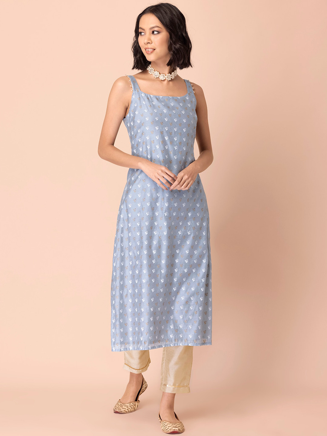 

INDYA Women Blue Floral Printed Embellished Woven Design Straight Kurta