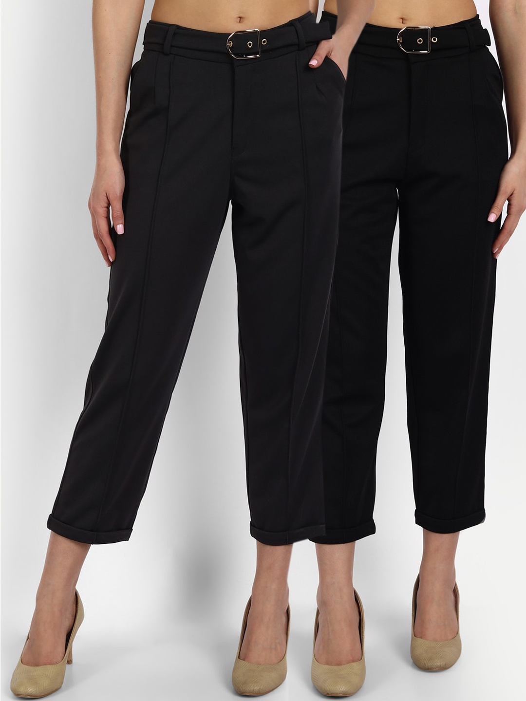 

Next One Women Black Straight Fit High-Rise Non Iron Pleated Trousers