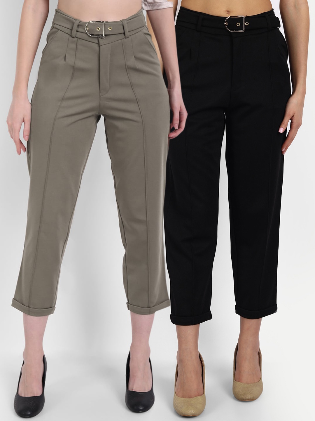 

Next One Women Pack of 2 Black & Olive Straight Fit High-Rise Non Iron Trousers