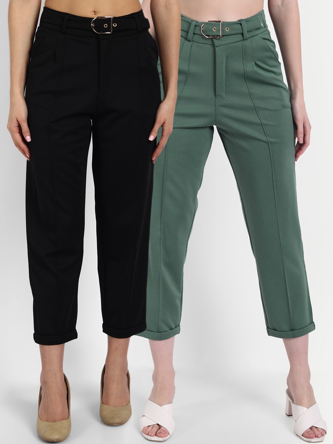 

Next One Women Black & Green Pack of 2 Straight Fit High-Rise Non Iron Pleated Trousers