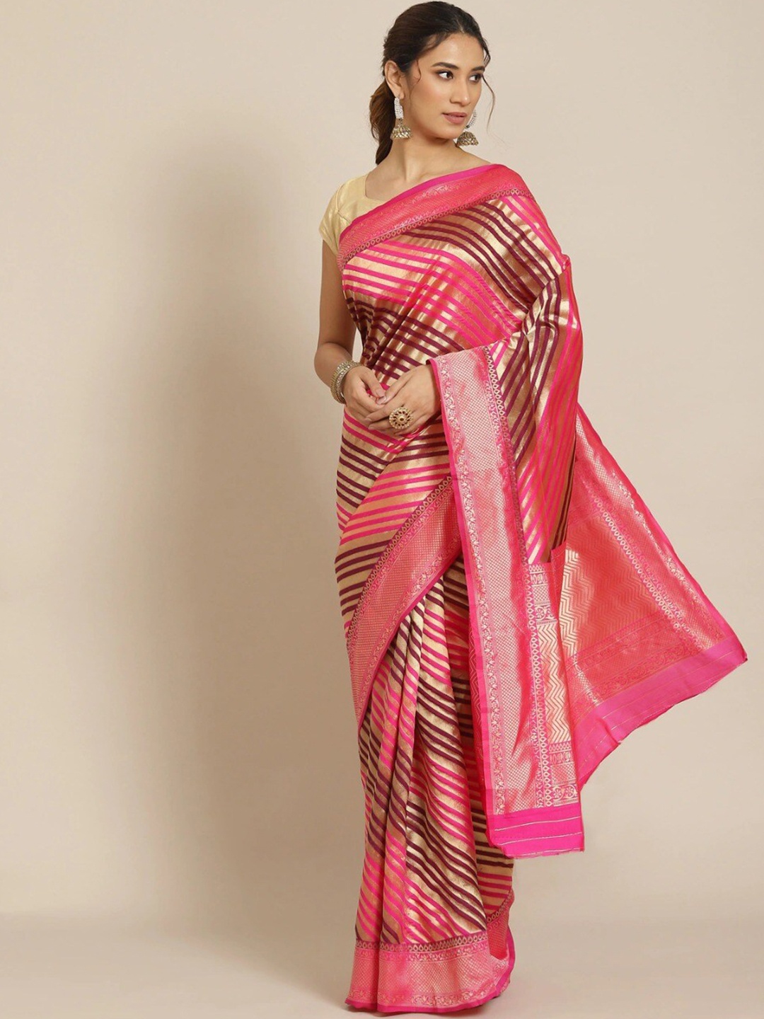 

all about you Pink & Maroon Striped Zari Silk Blend Leheriya Saree