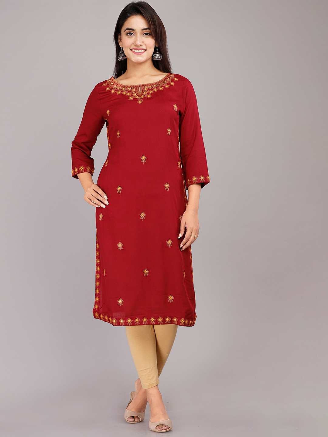 

DORIYA Women Maroon Ethnic Motifs Embroidered Keyhole Neck Thread Work Floral Kurta