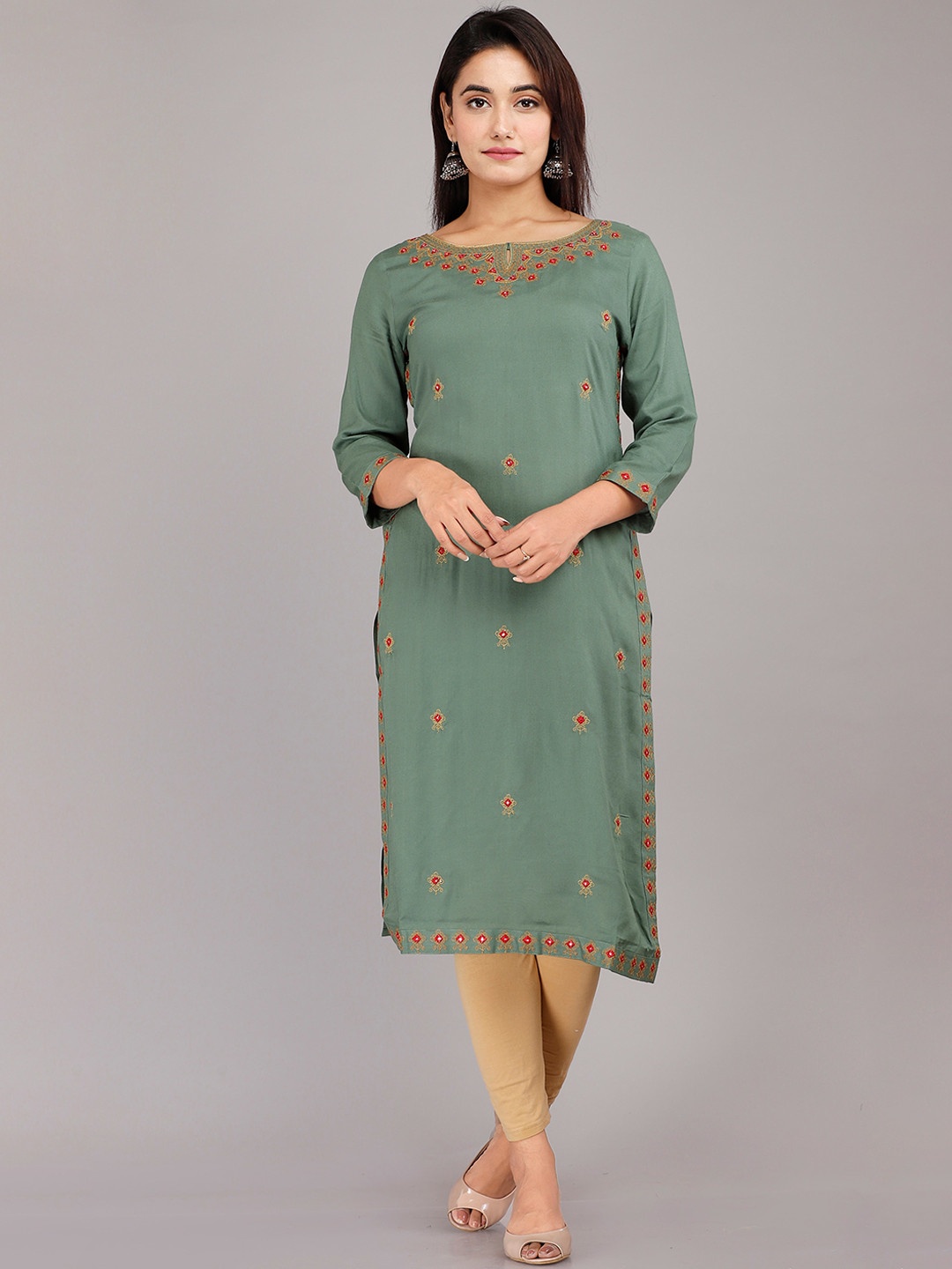 

DORIYA Women Green Ethnic Motifs Keyhole Neck Thread Work Floral Kurta