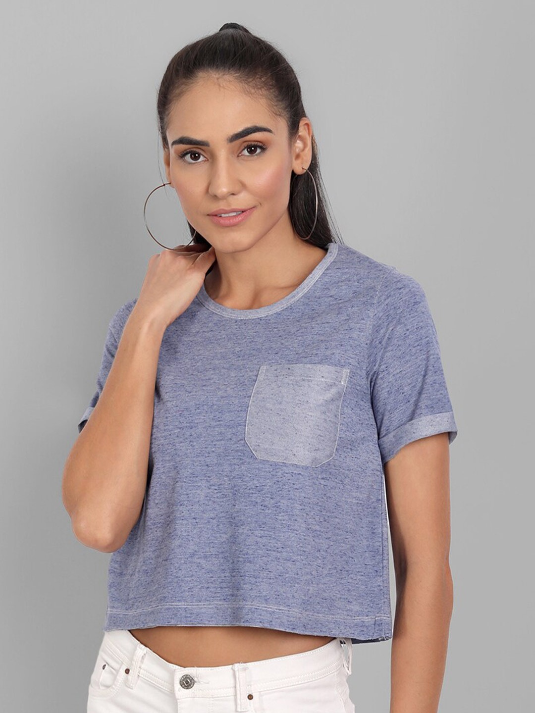 

House of Mool Women Blue Roll-Up Sleeves Boxy T-shirt