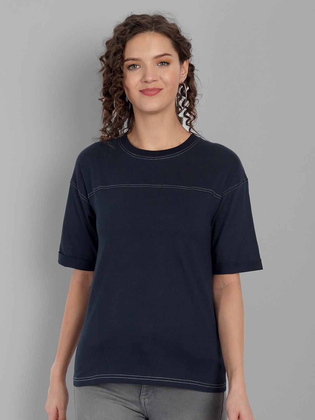 

House of Mool Women Navy Blue Loose T-shirt