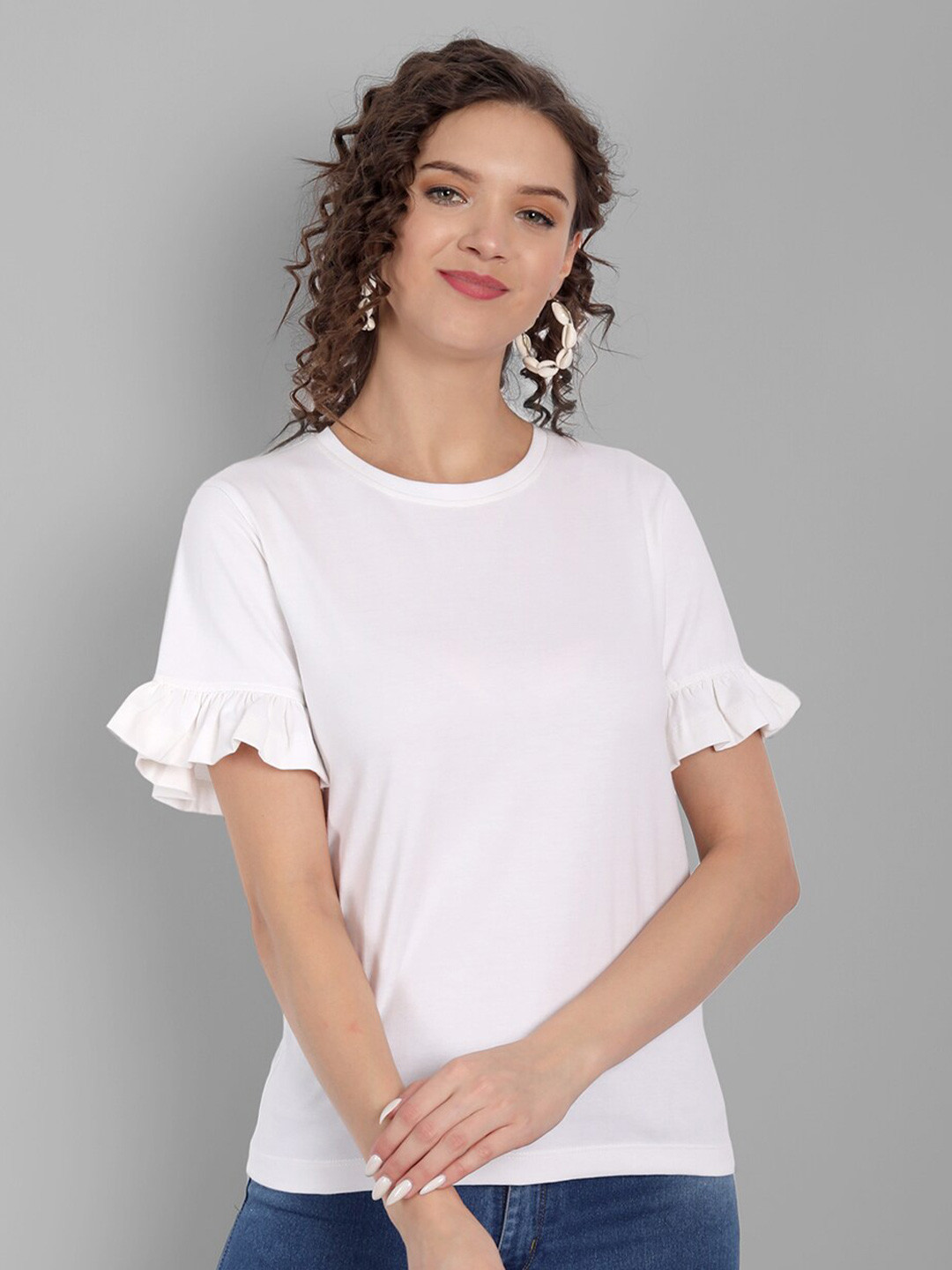

House of Mool Women White Ruffled Sleeves T-shirt