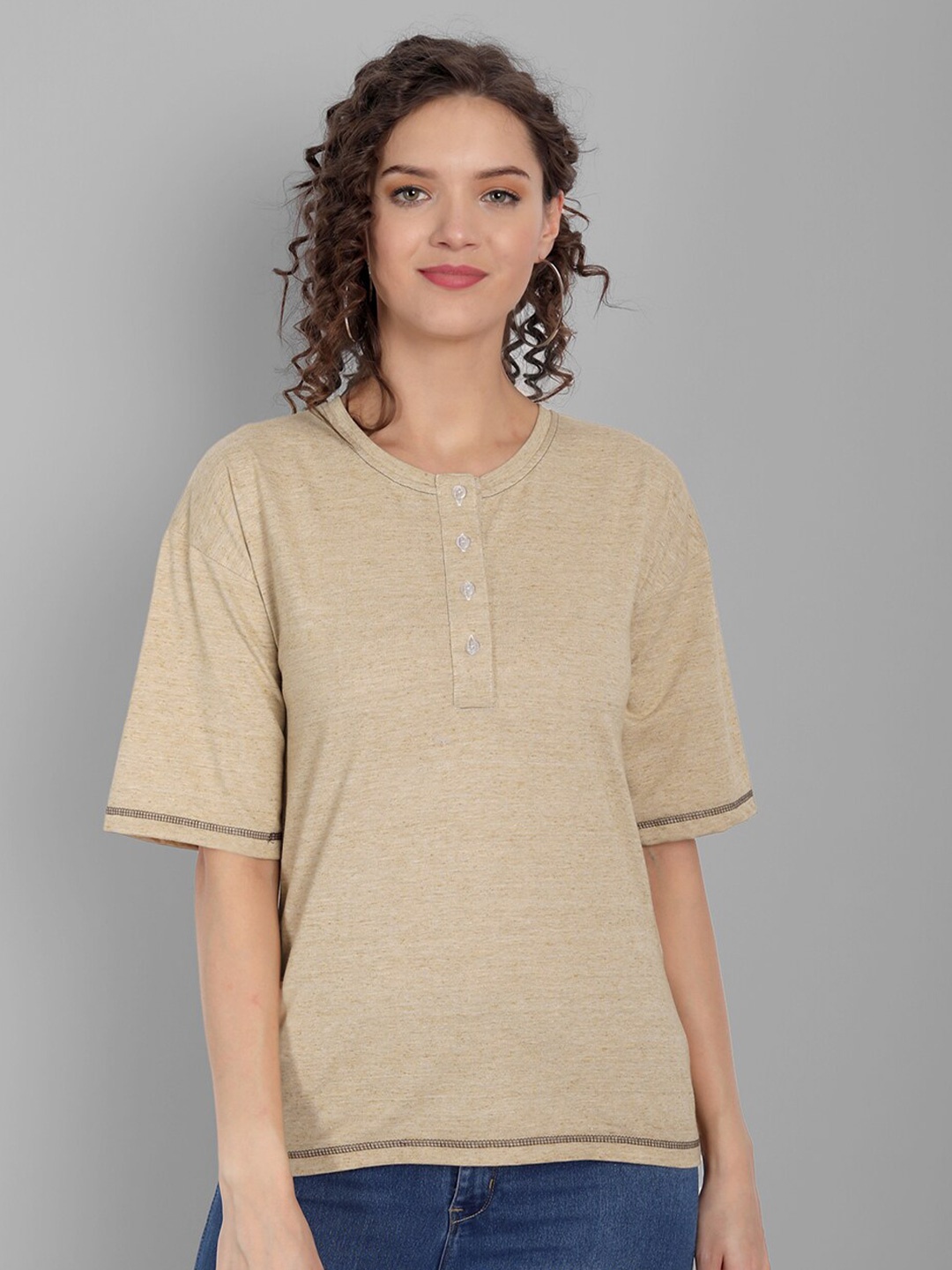 

House of Mool Women Beige Printed Henley Neck Boxy T-shirt