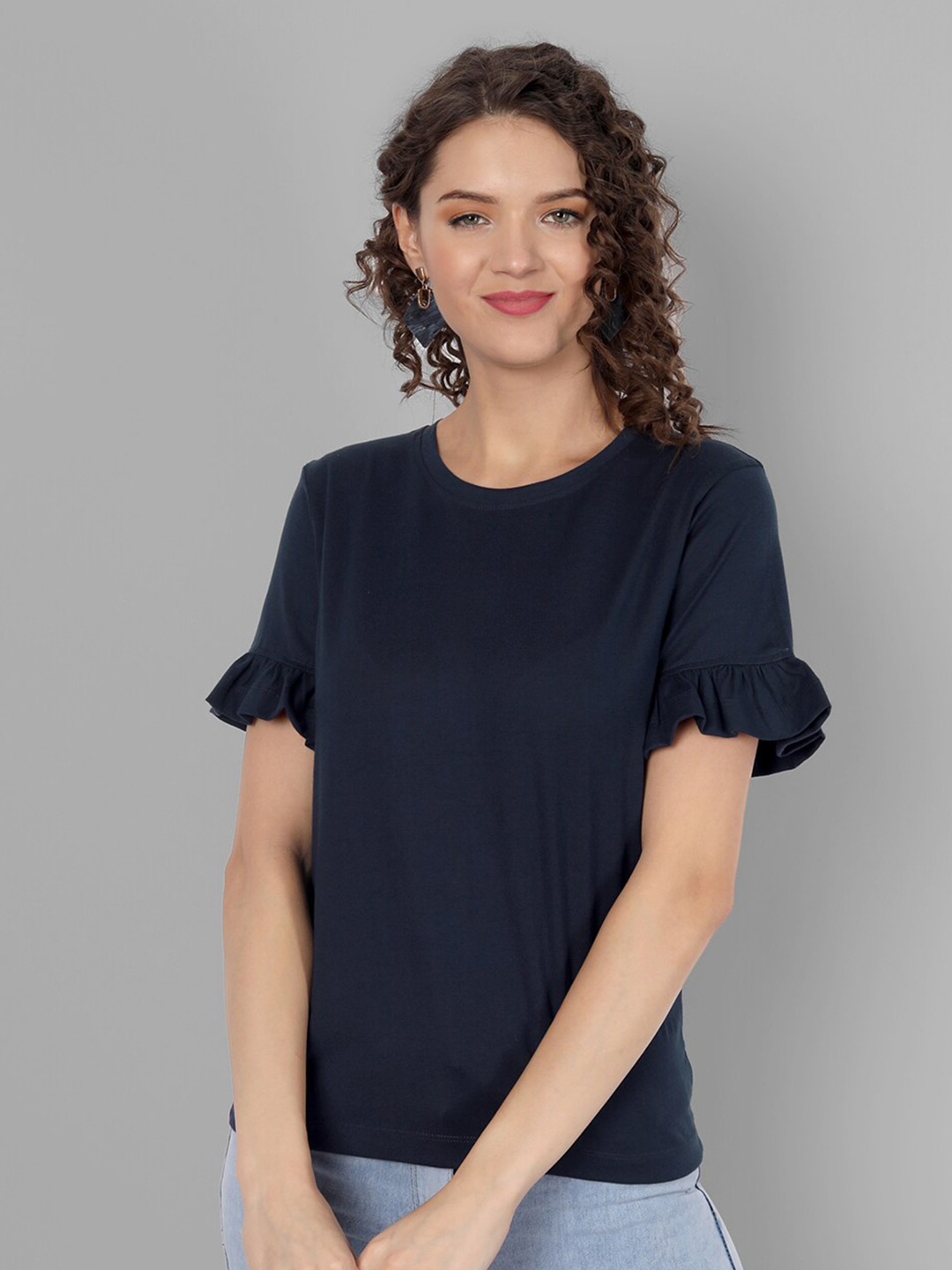 

House of Mool Women Navy Blue Ruffle Sleeves T-shirt