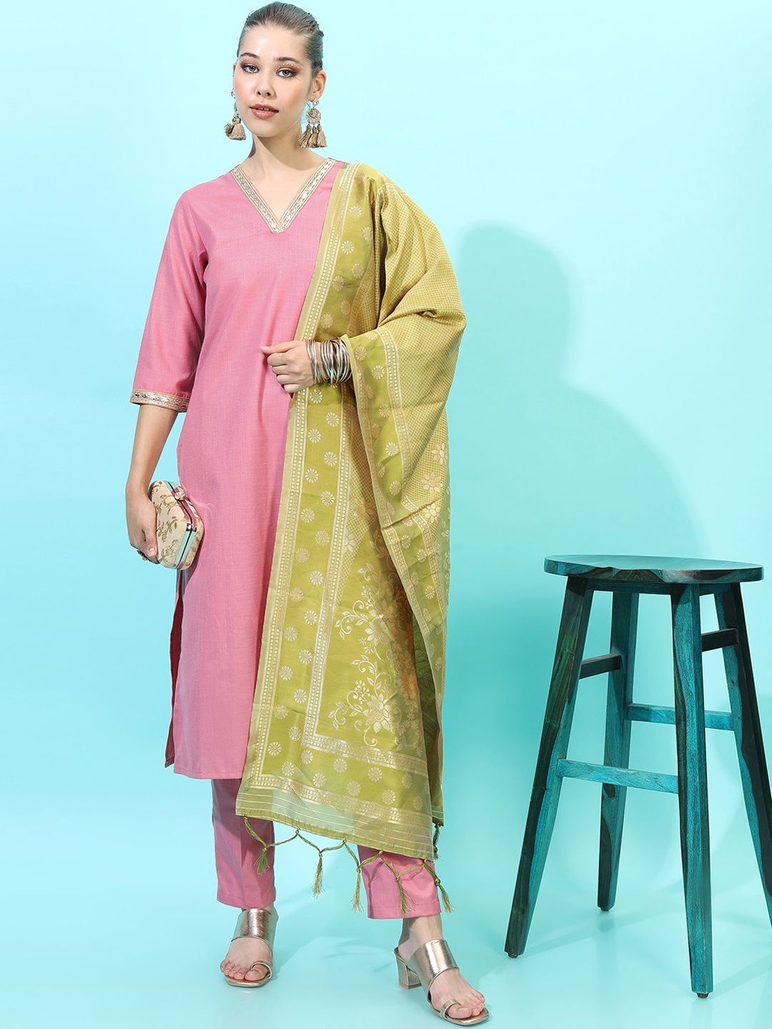 

Vishudh Women Coral Angrakha Kurta with Trousers & With Dupatta, Pink