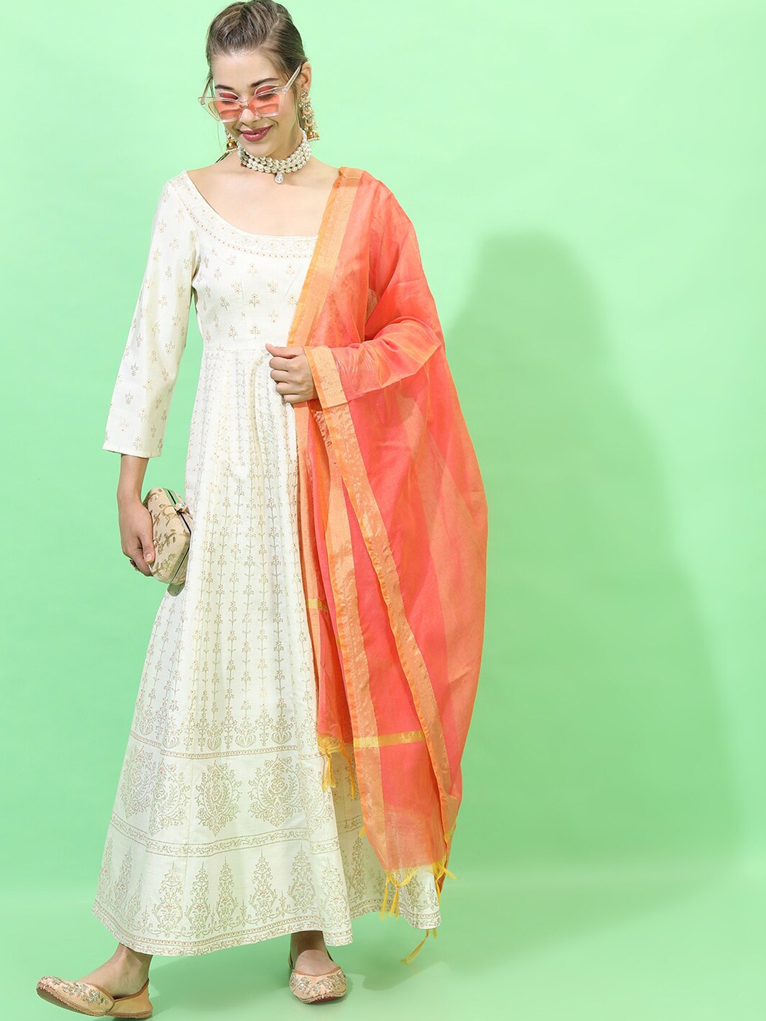 

Vishudh Beige Ethnic Motifs Ethnic A-Line Maxi Dress with Dupatta