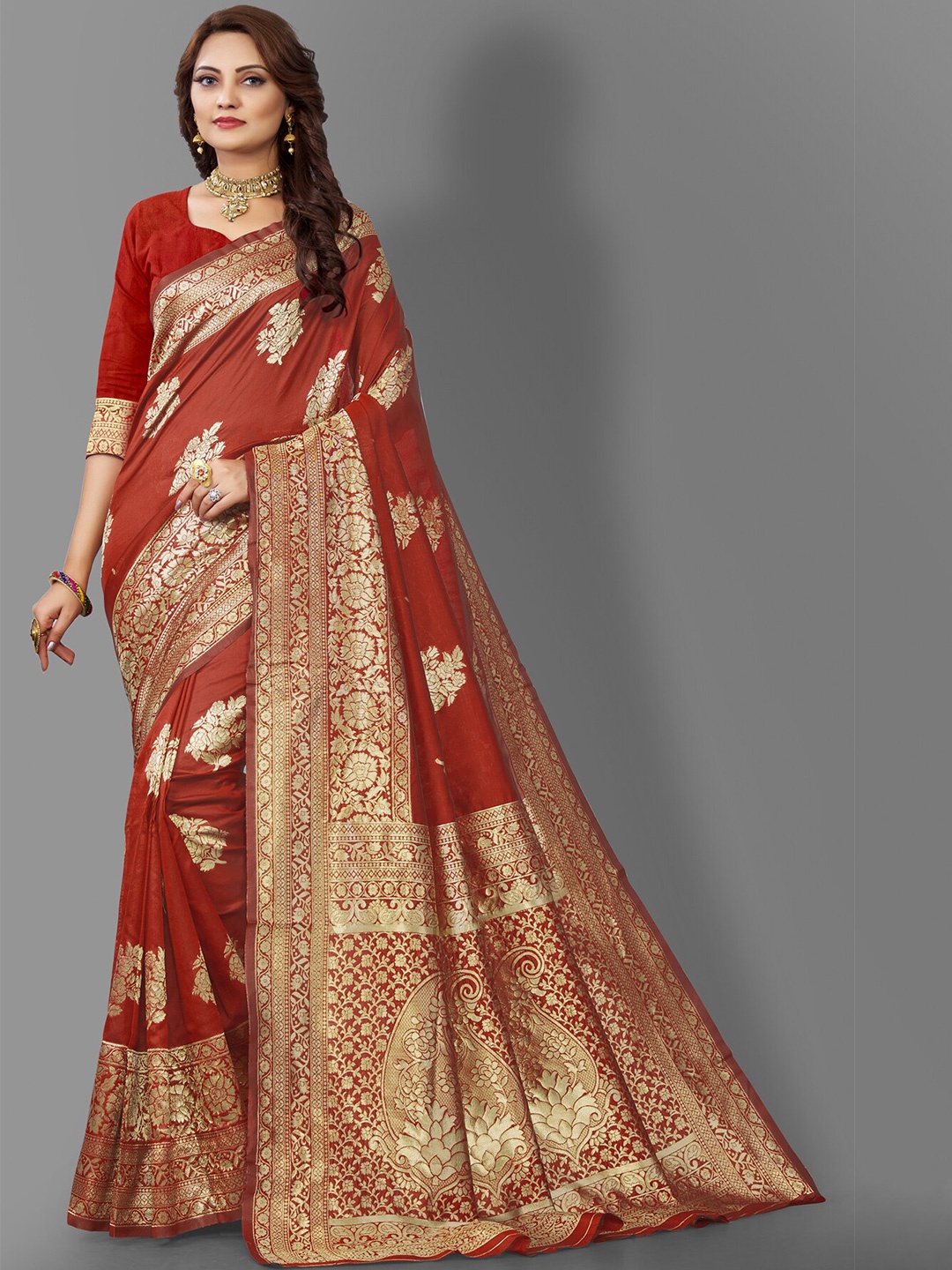 

Wuxi Red & Gold-Toned Woven Design Zari Pure Silk Banarasi Saree