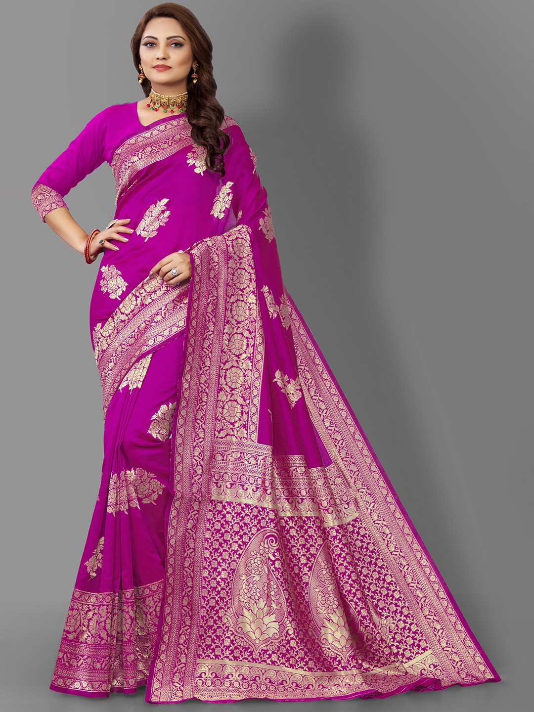 

Wuxi Violet & Gold-Toned Woven Design Zari Pure Silk Banarasi Saree