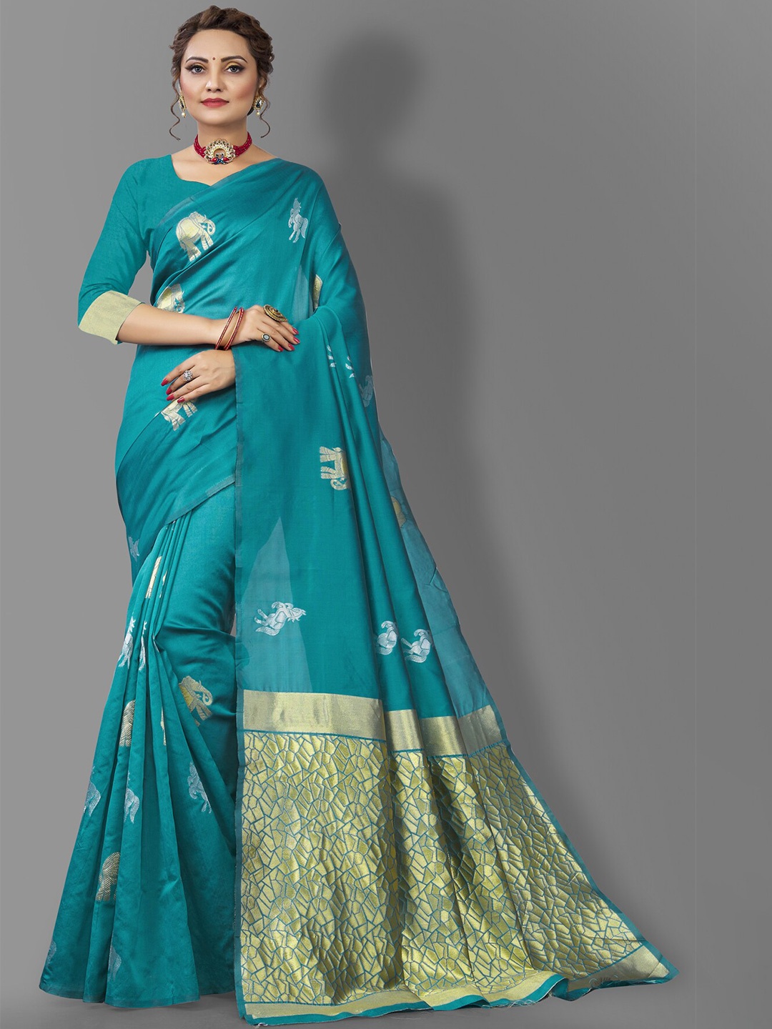 

Wuxi Teal & Gold-Toned Ethnic Motifs Zari Pure Silk Banarasi Saree
