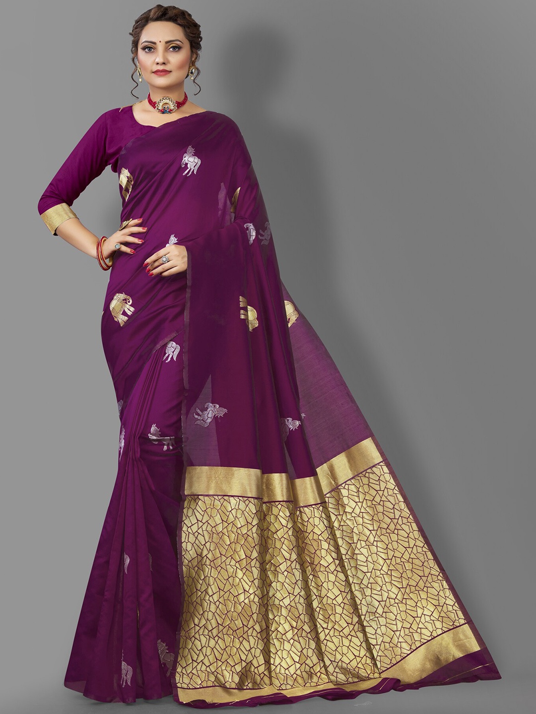 

Wuxi Women Purple & Gold-Toned Ethnic Motifs Zari Pure Silk Banarasi Saree