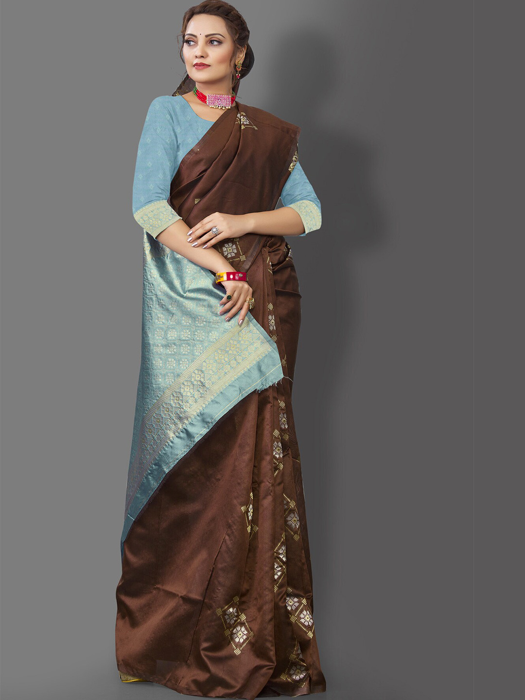 

Wuxi Women Brown & Blue Woven Design Zari Pure Silk Banarasi Saree