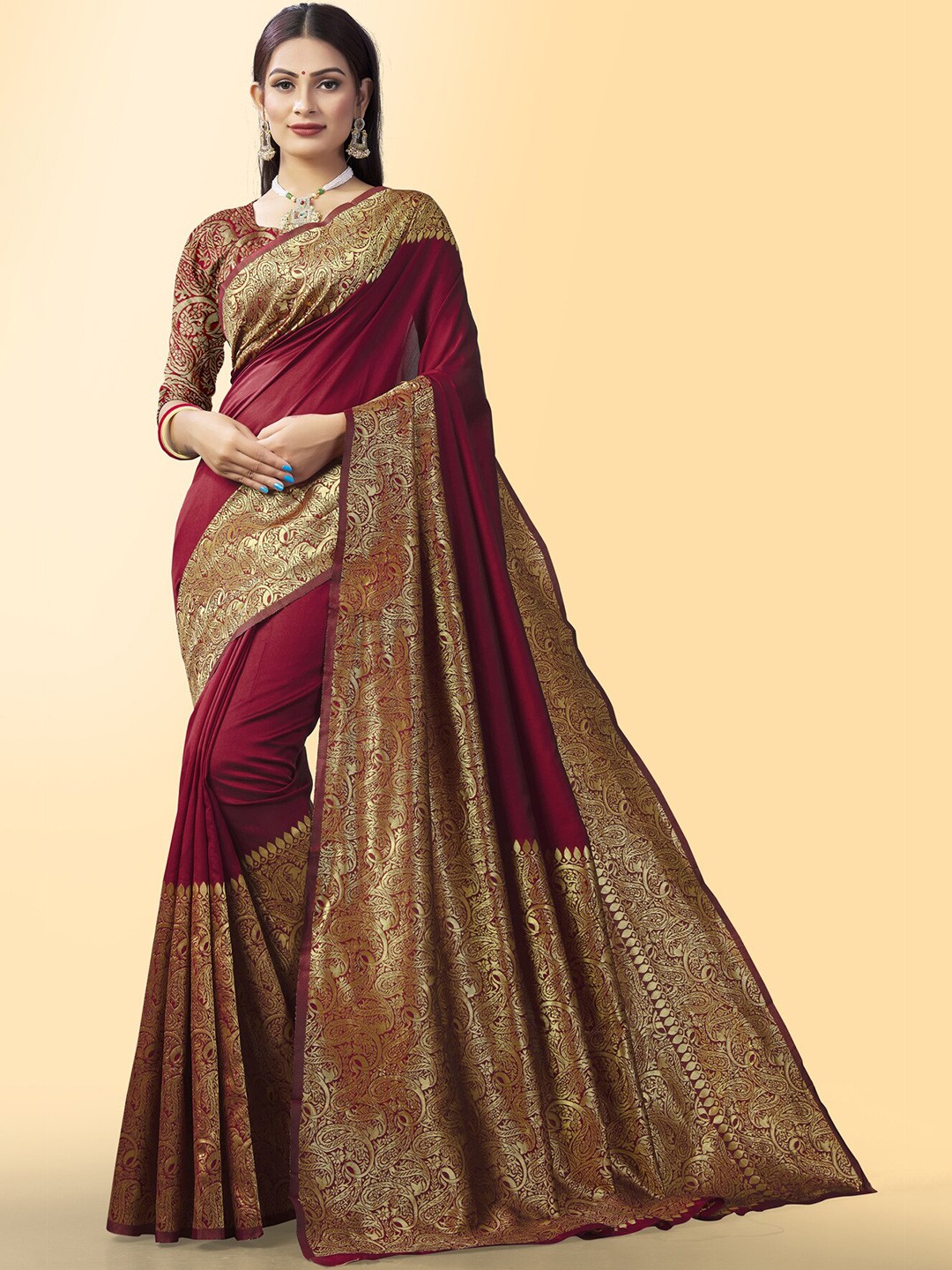 

Wuxi Women Maroon & Gold-Toned Ethnic Motifs Zari Pure Silk Banarasi Saree
