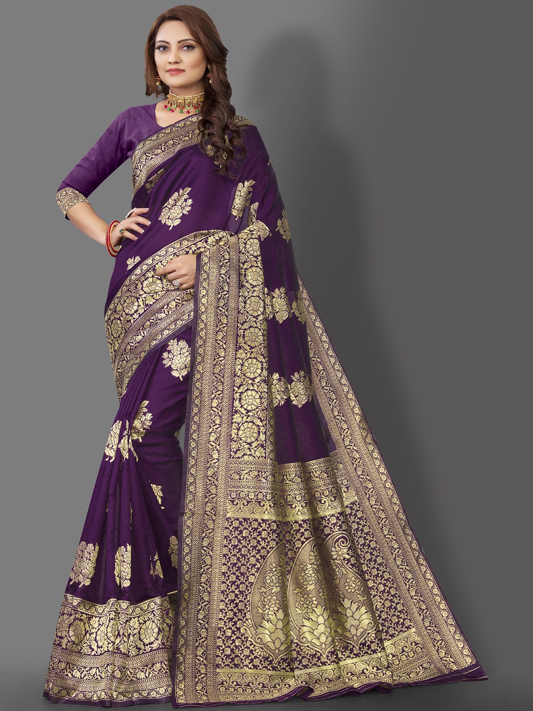 

Wuxi Women Purple & Gold-Toned Woven Design Zari Pure Silk Banarasi Saree