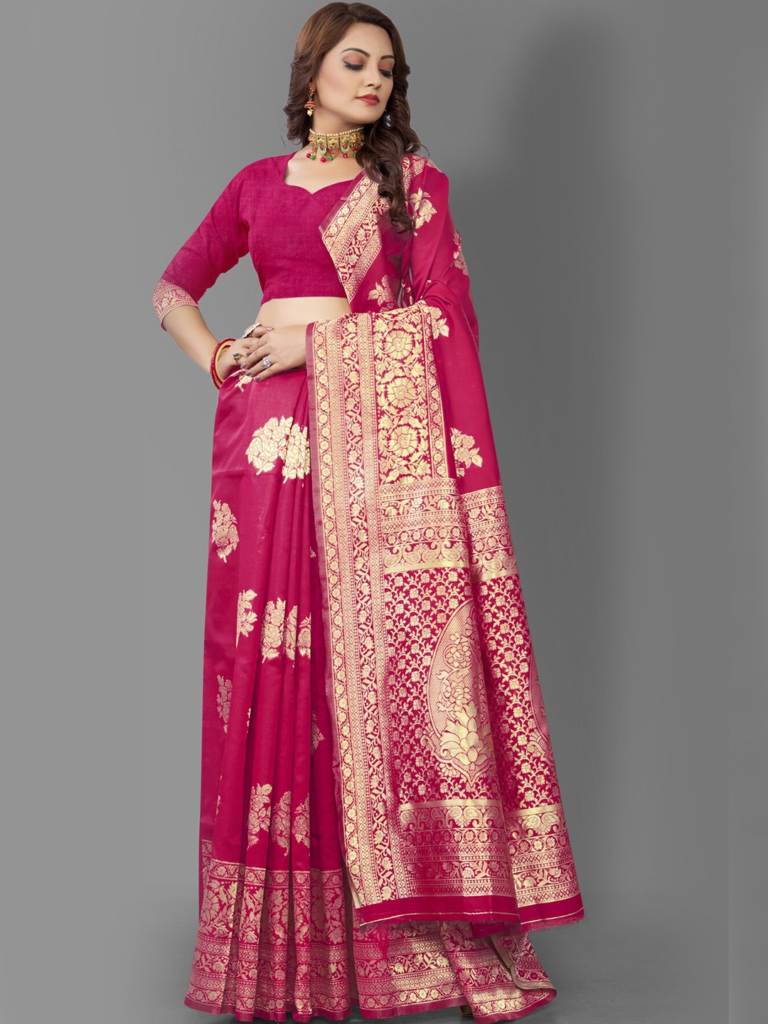 

Wuxi Women Red & Gold-Toned Woven Design Zari Pure Silk Banarasi Saree