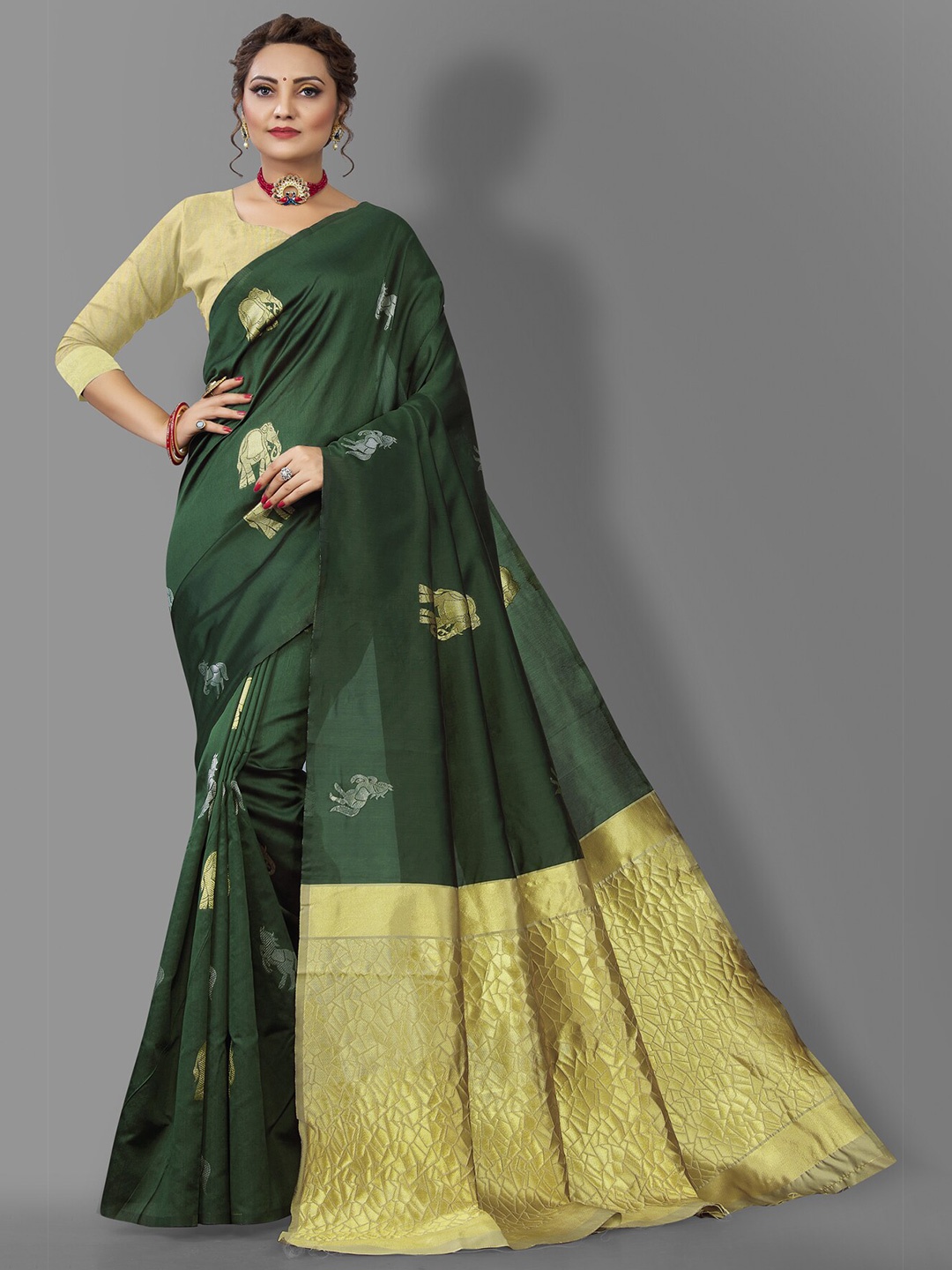 

Wuxi Women Green & Gold-Toned Ethnic Motifs Zari Pure Silk Banarasi Saree