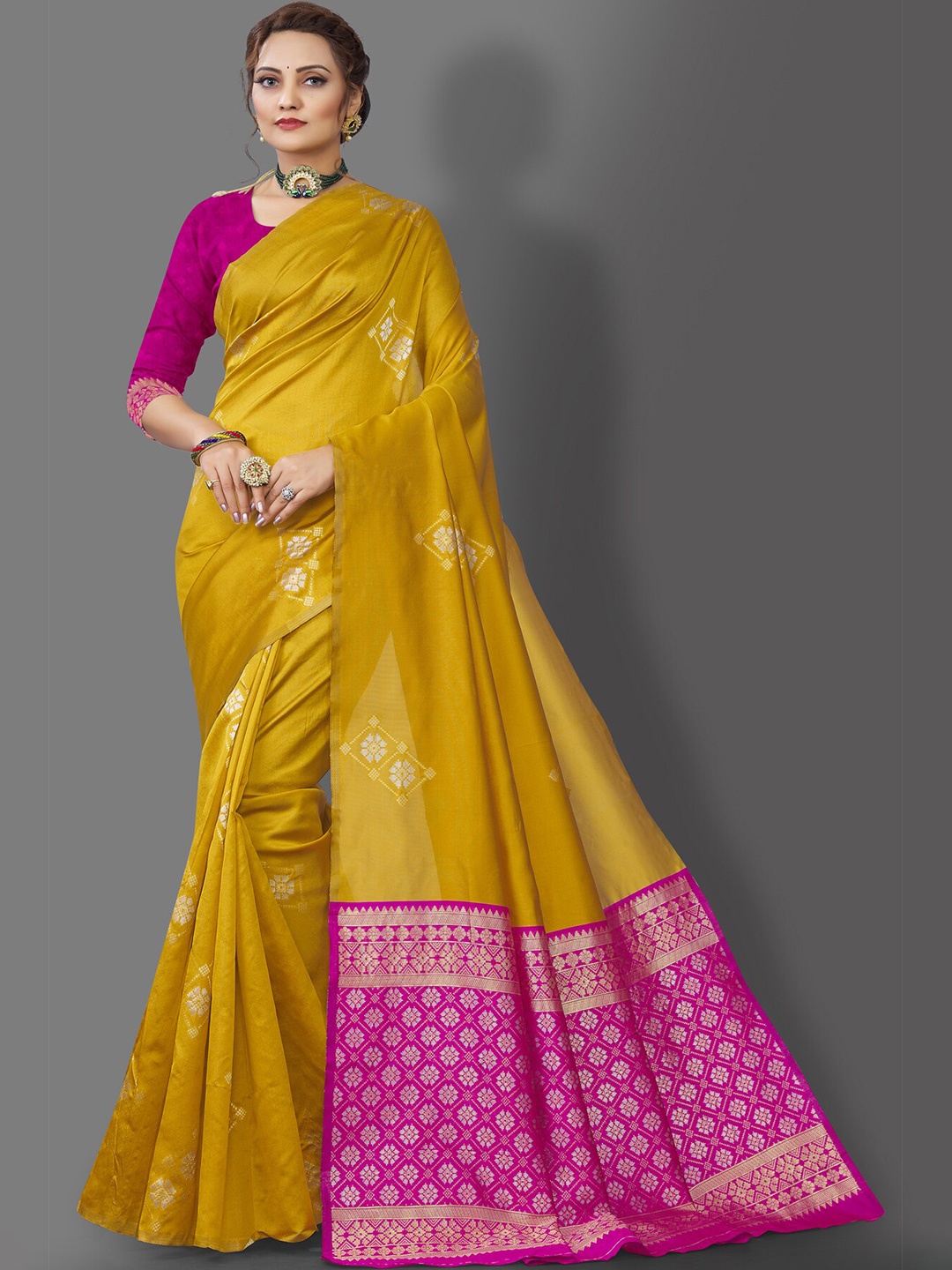 

Wuxi Women Yellow & Pink Woven Design Pure Silk Banarasi Saree