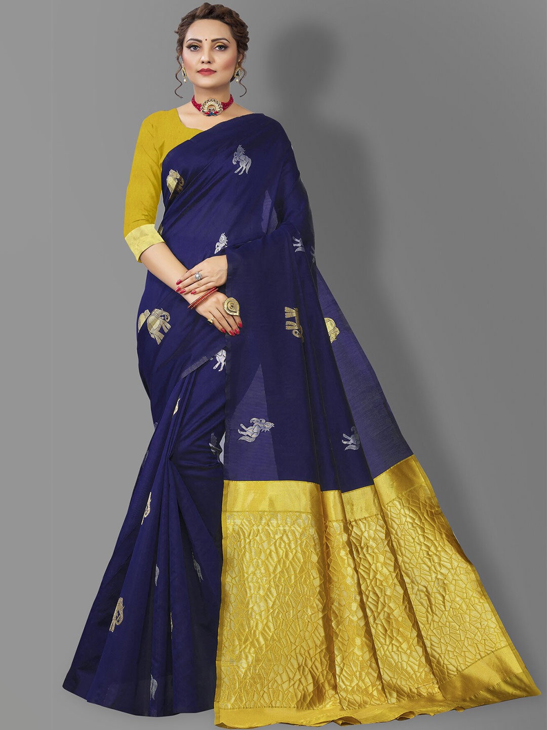 

Wuxi Women Blue & Gold-Toned Ethnic Motifs Pure Silk Banarasi Saree