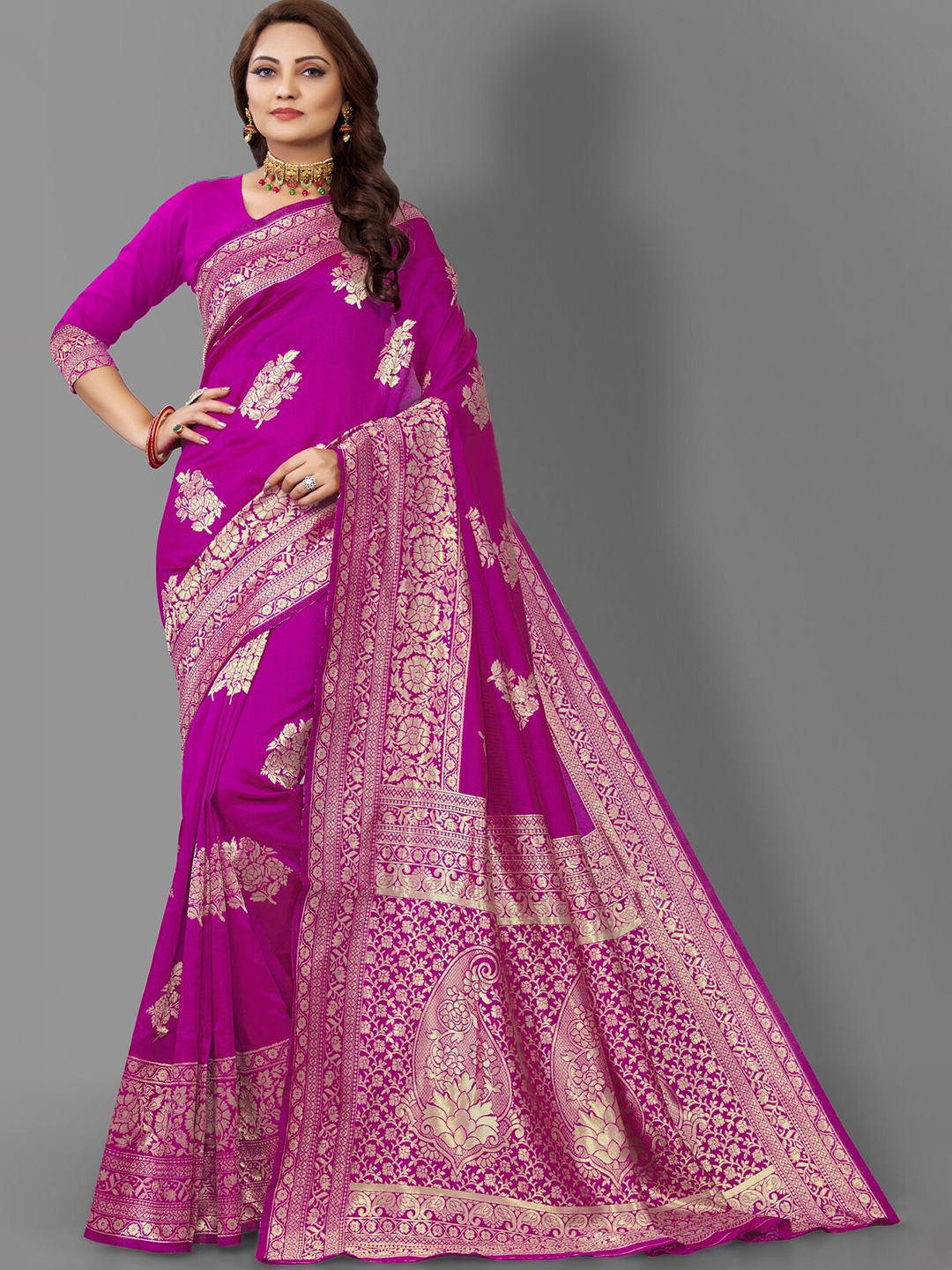 

Wuxi Women Pink & Gold-Toned Woven Design Zari Pure Silk Banarasi Saree