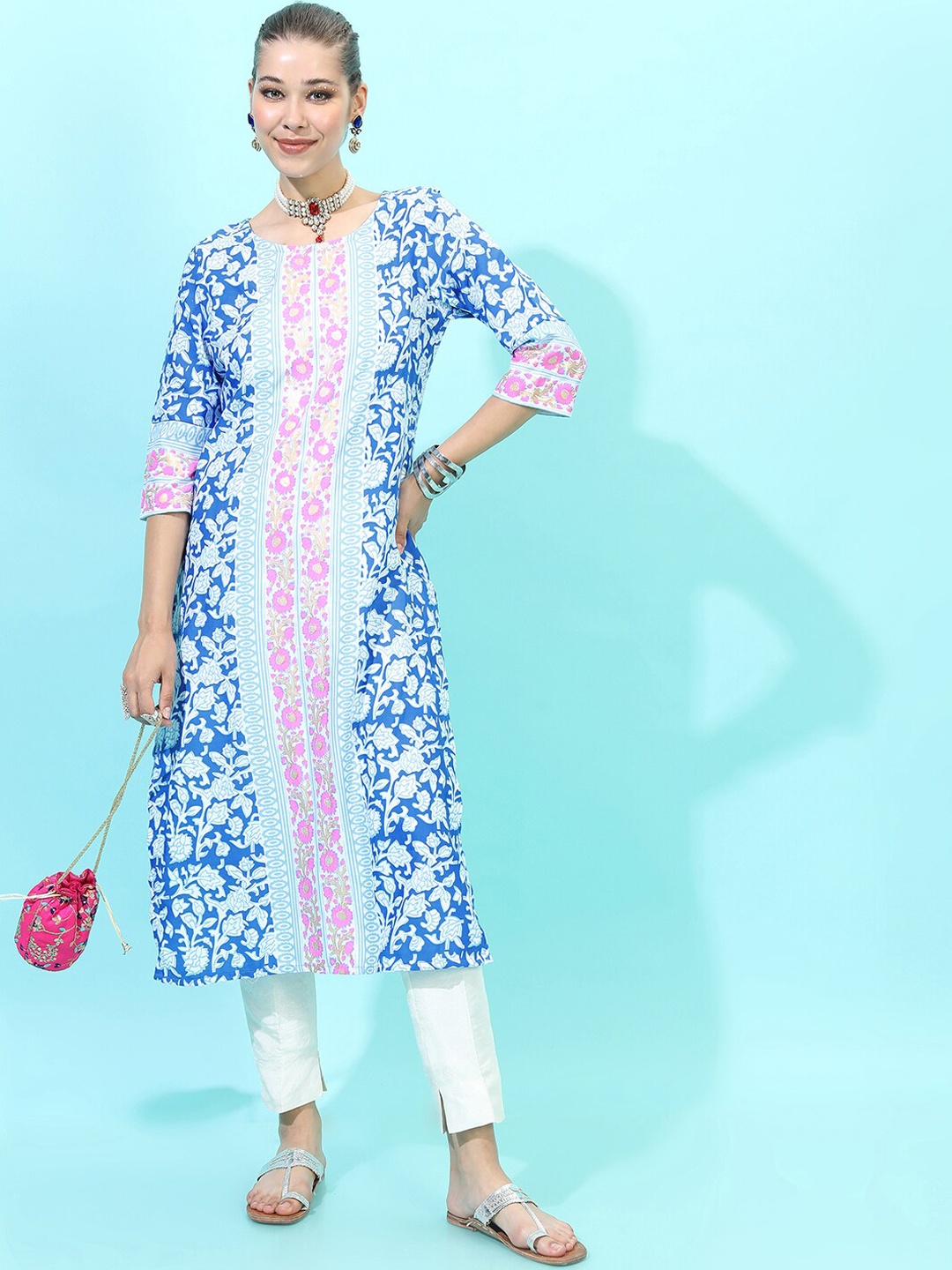 

Vishudh Women Blue Printed Thread Work Anarkali Kurta
