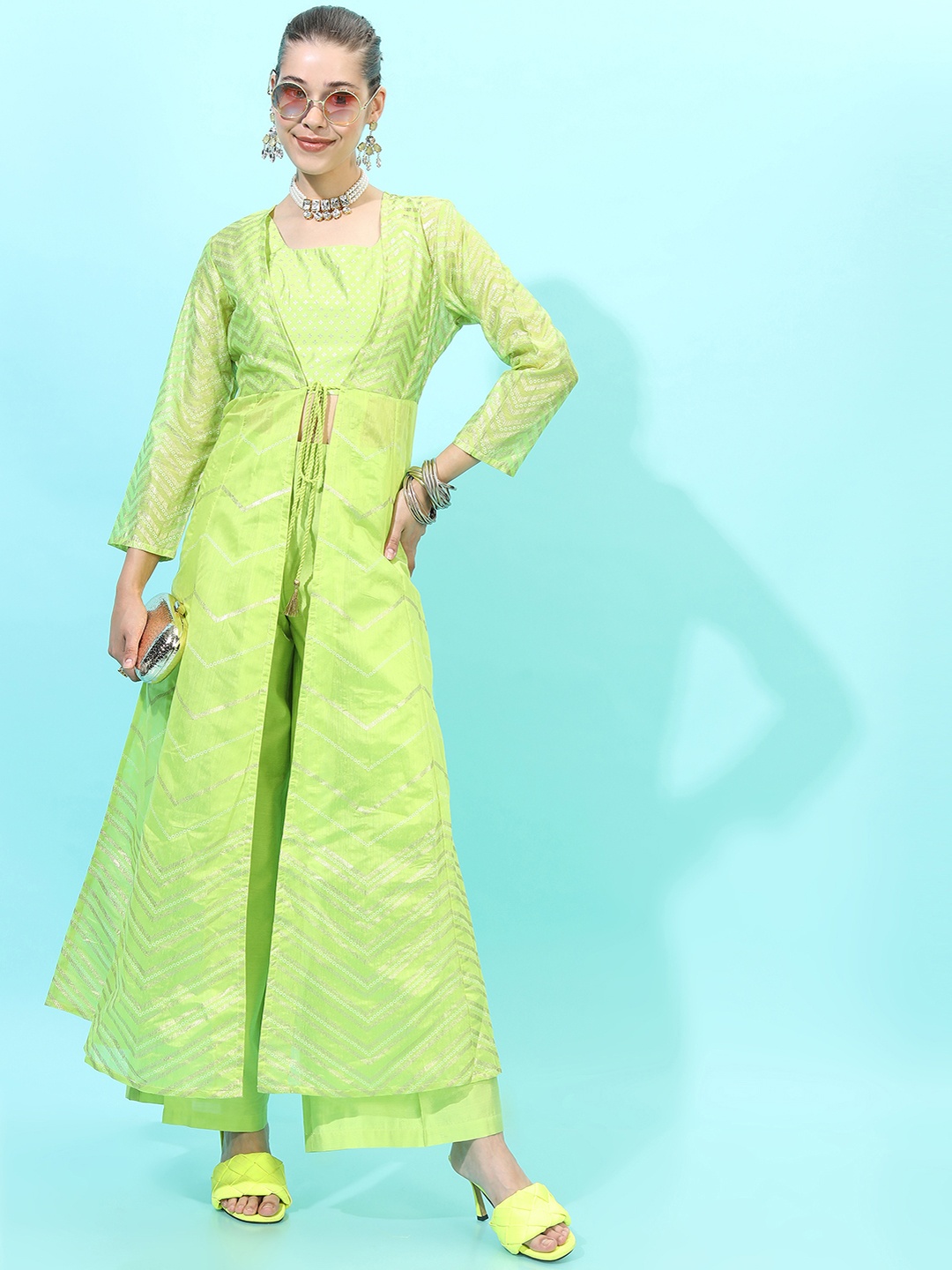 

Vishudh Women Striped Viscose Rayon Kurta Set With Palazzo And Jacket, Green