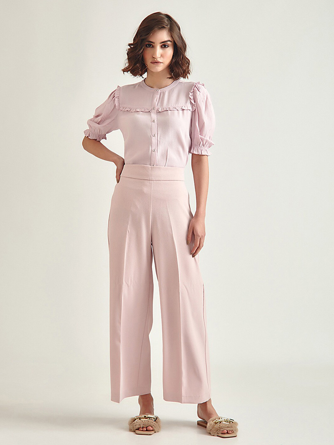 

COVER STORY Pink Mandarin Collar Ruffles Top