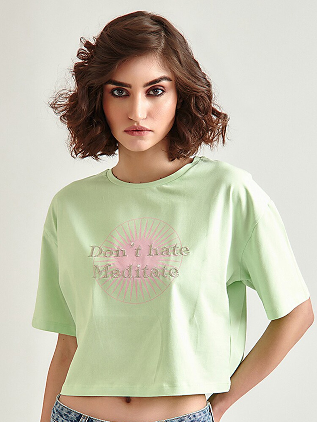 

COVER STORY Women Green Typography Printed Drop-Shoulder Sleeves T-shirt