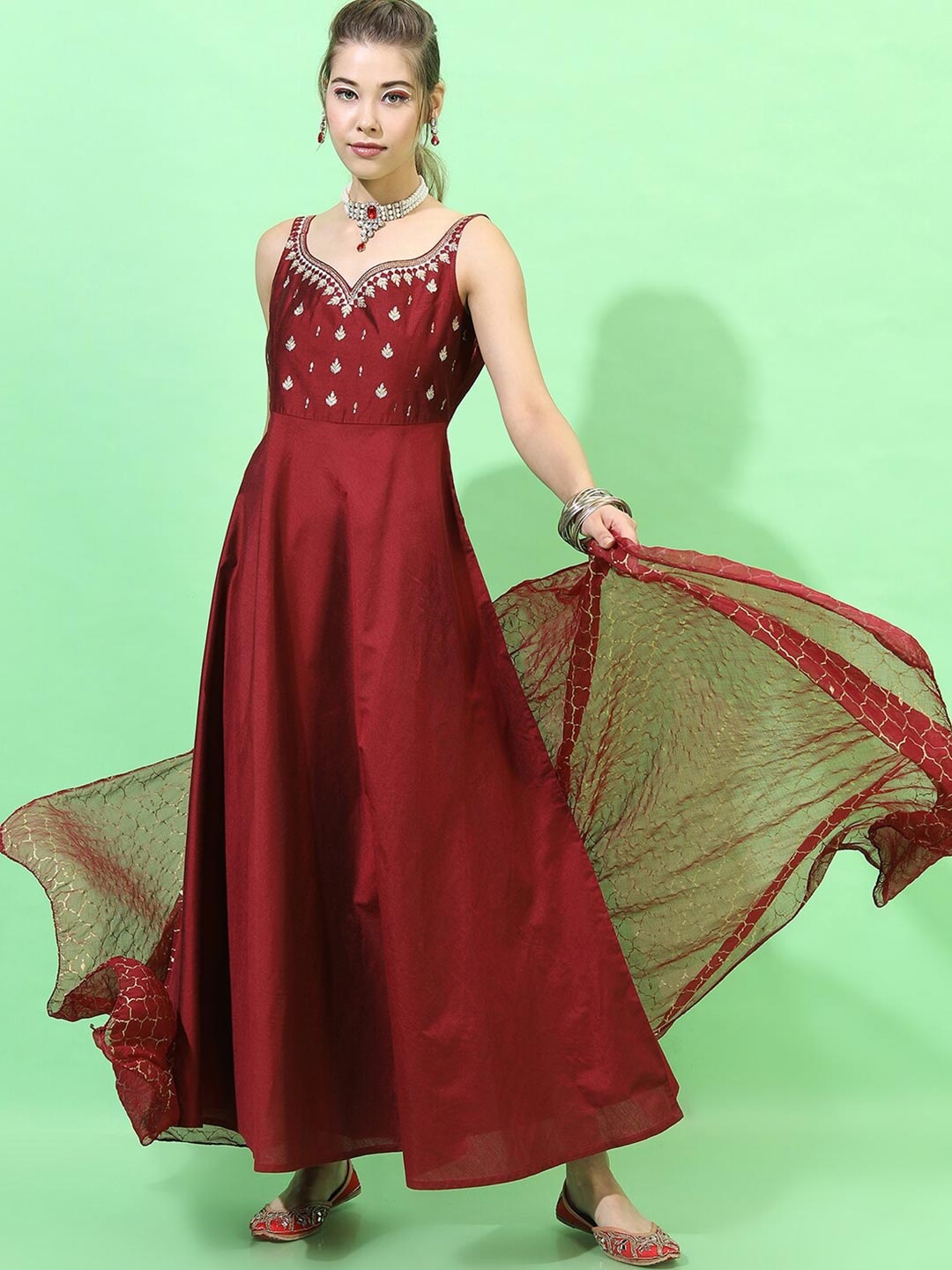 

Vishudh Women Red Embellished Dress with Dupatta