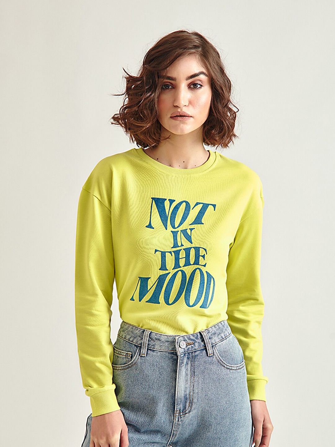 

COVER STORY Women Lime Green Typographic Printed Sweatshirt