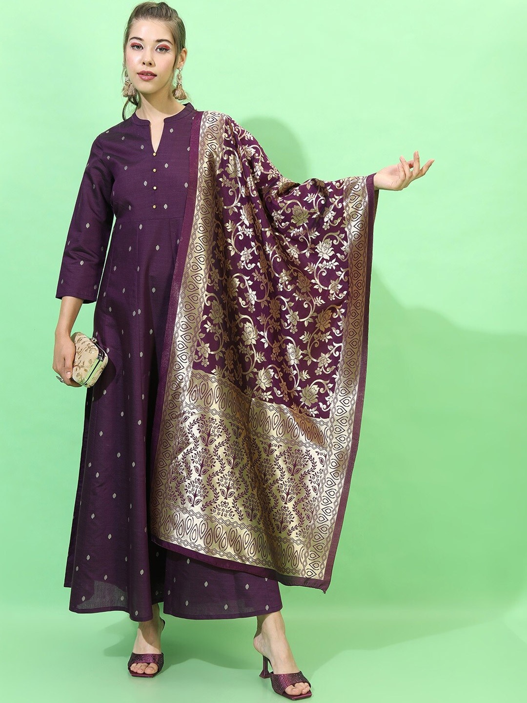 

Vishudh Women Purple Ethnic Motifs Dress With Dupatta