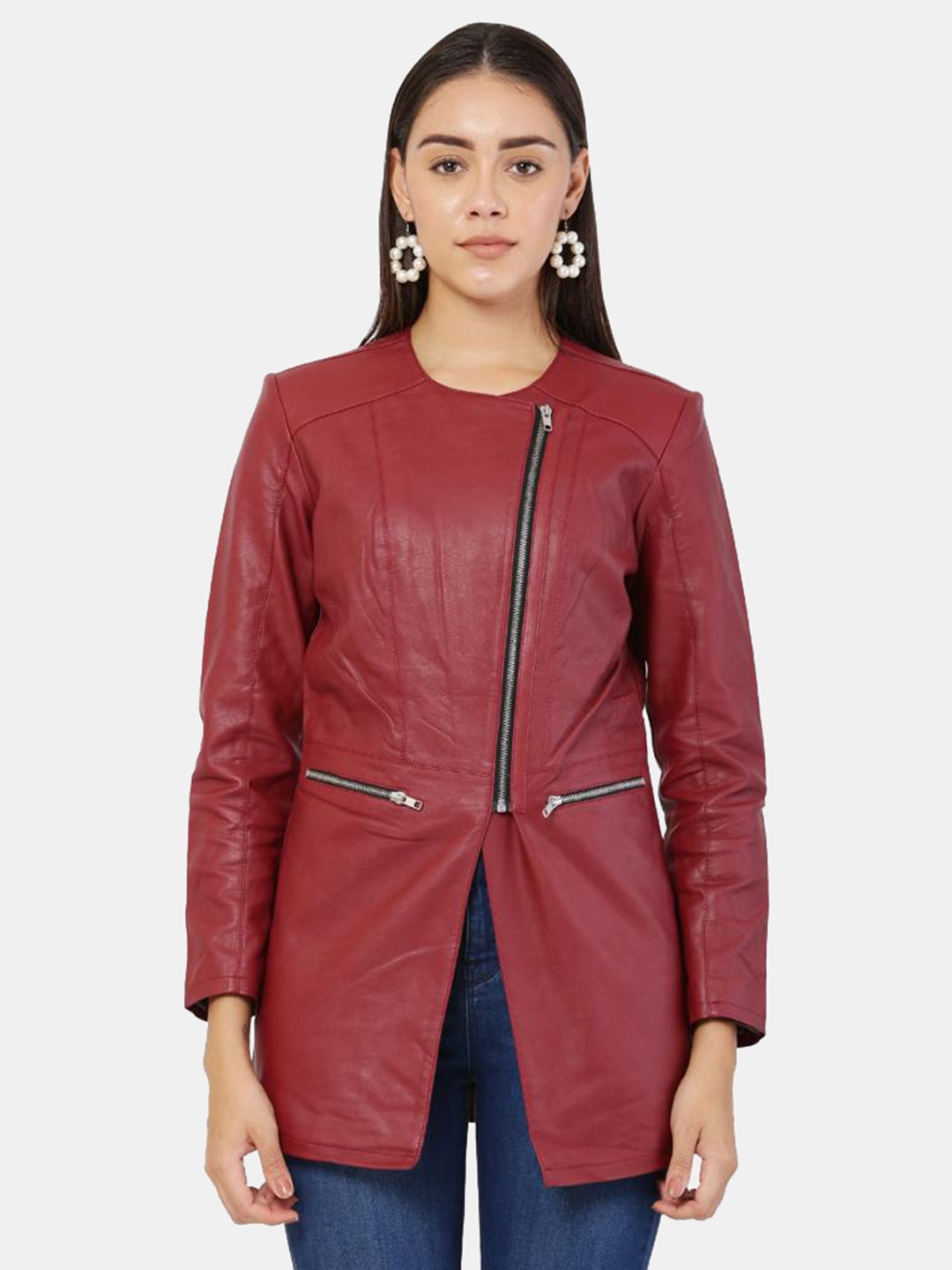 

TBOJ Women Maroon Geometric Lightweight Longline Outdoor Open Front Jacket