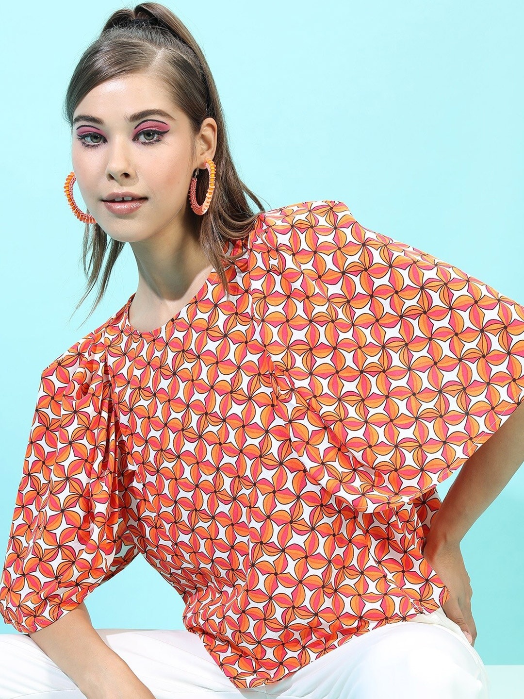 

Tokyo Talkies Women White Geometric Print Top